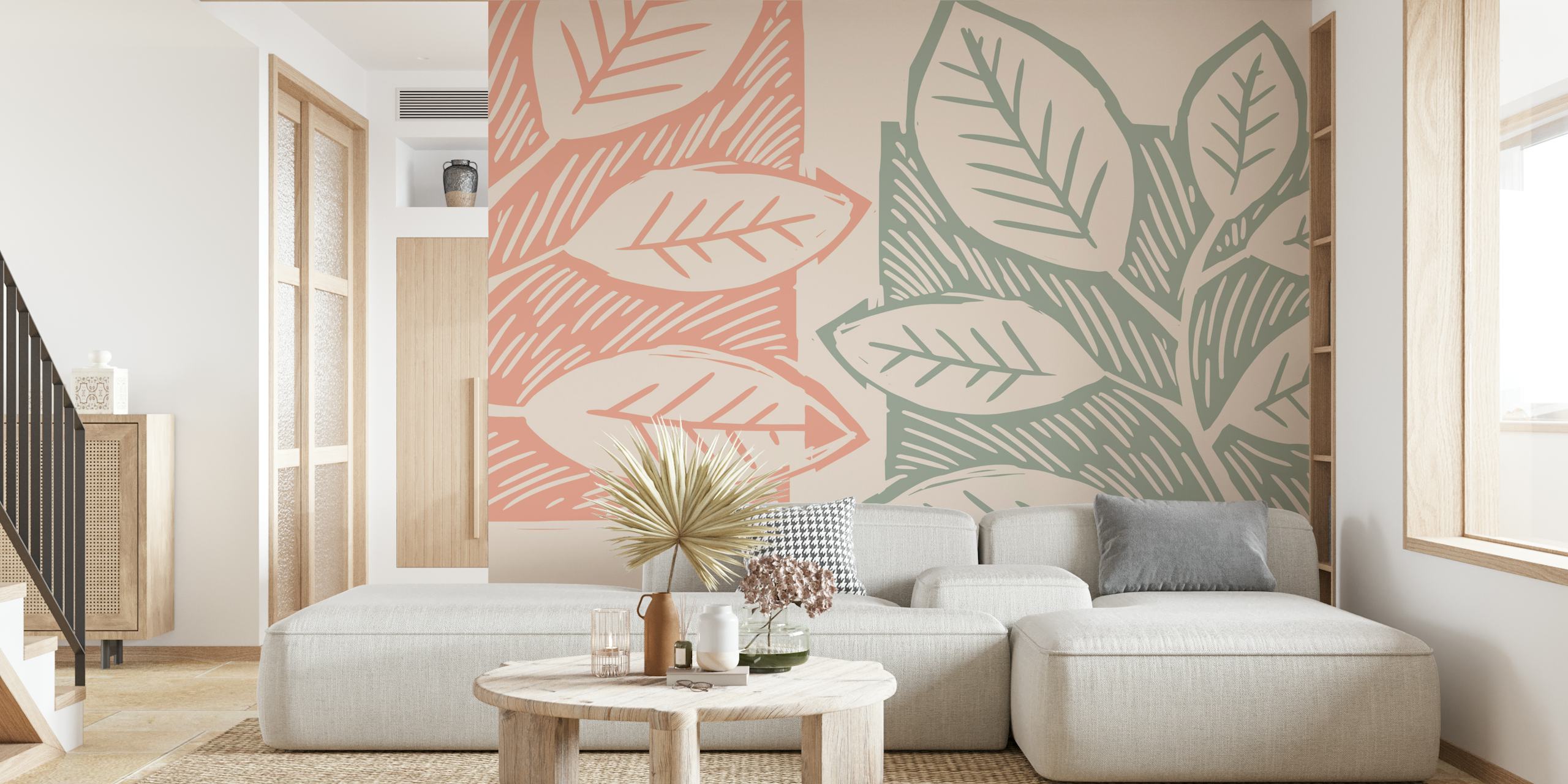 Pastel woodblock leaves tapetdesign