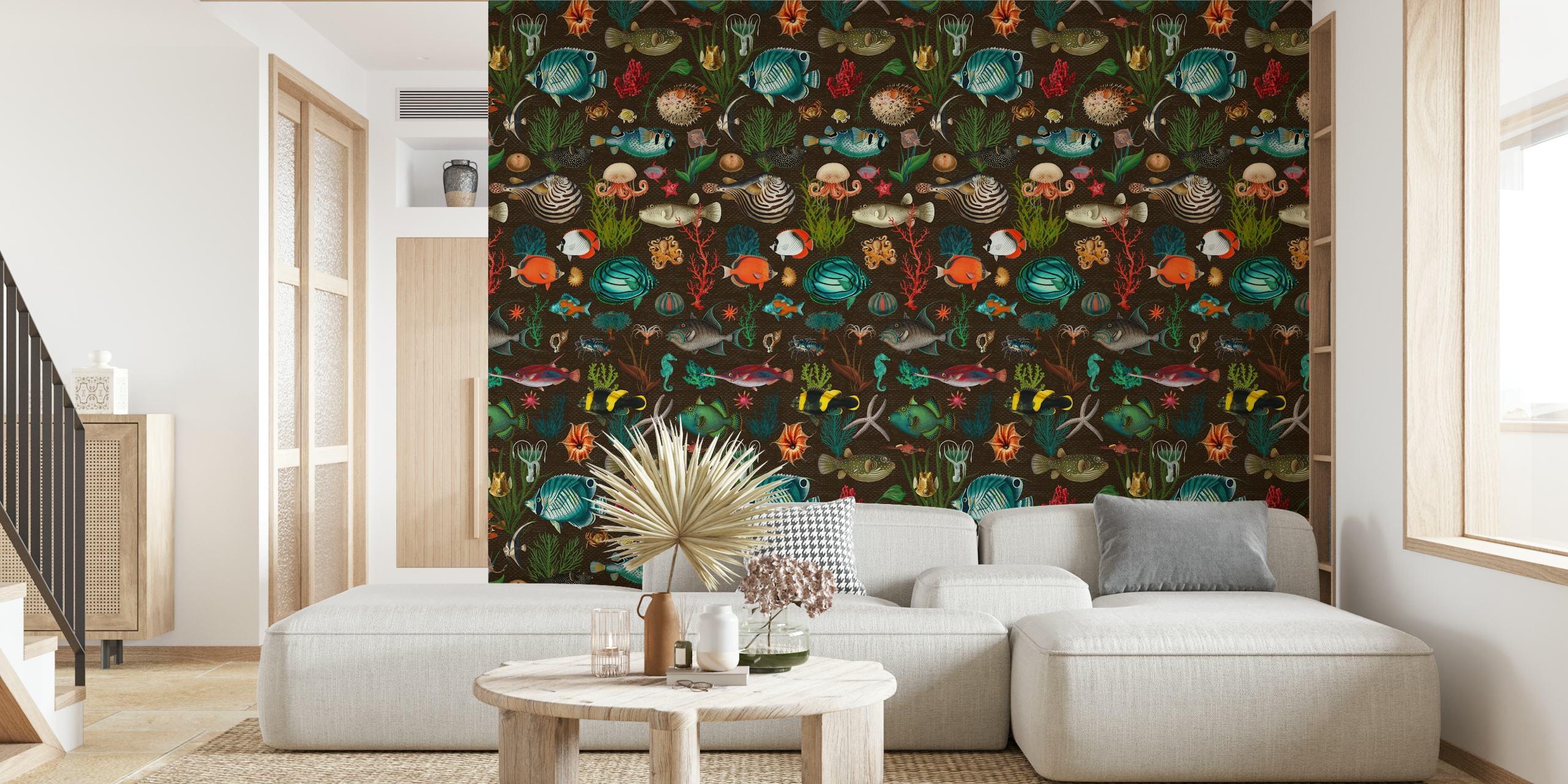 Colorful ocean-themed wallpaper with fish and coral patterns