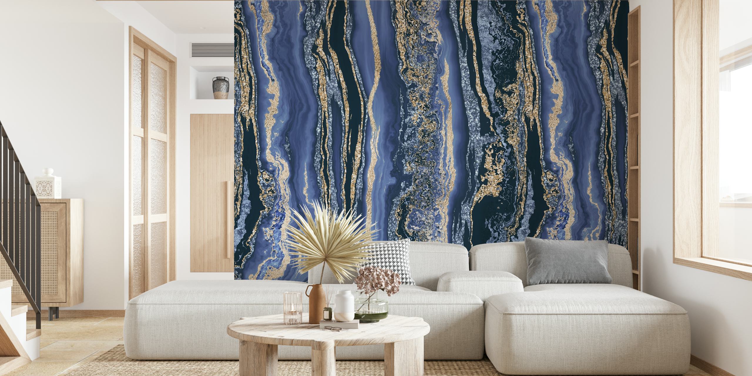 Elegant blue and gold wall mural with sparkling mineral-like patterns
