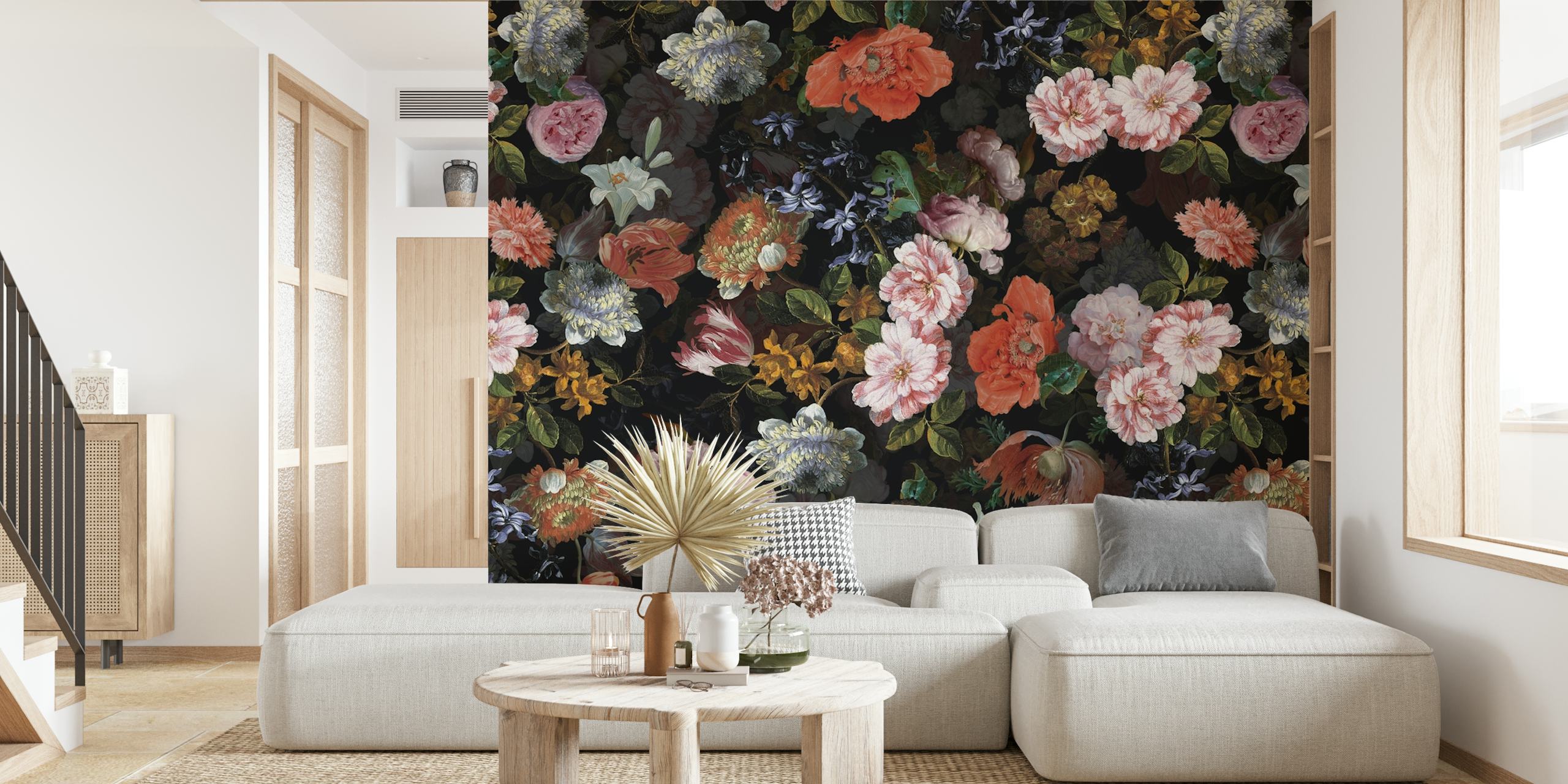 Floral pattern with vibrant flowers on a dark background wallpaper