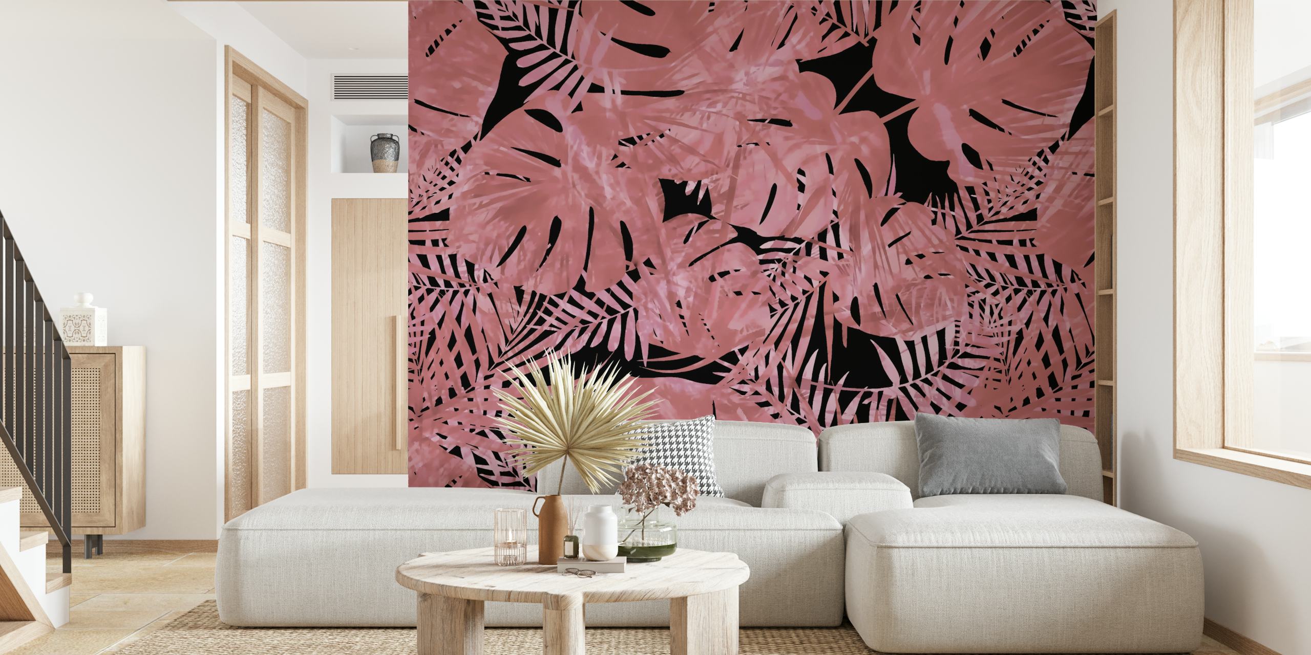 Fotomural vinílico de parede com padrão de folhas monstera rosa blush para decoração de interiores moderna