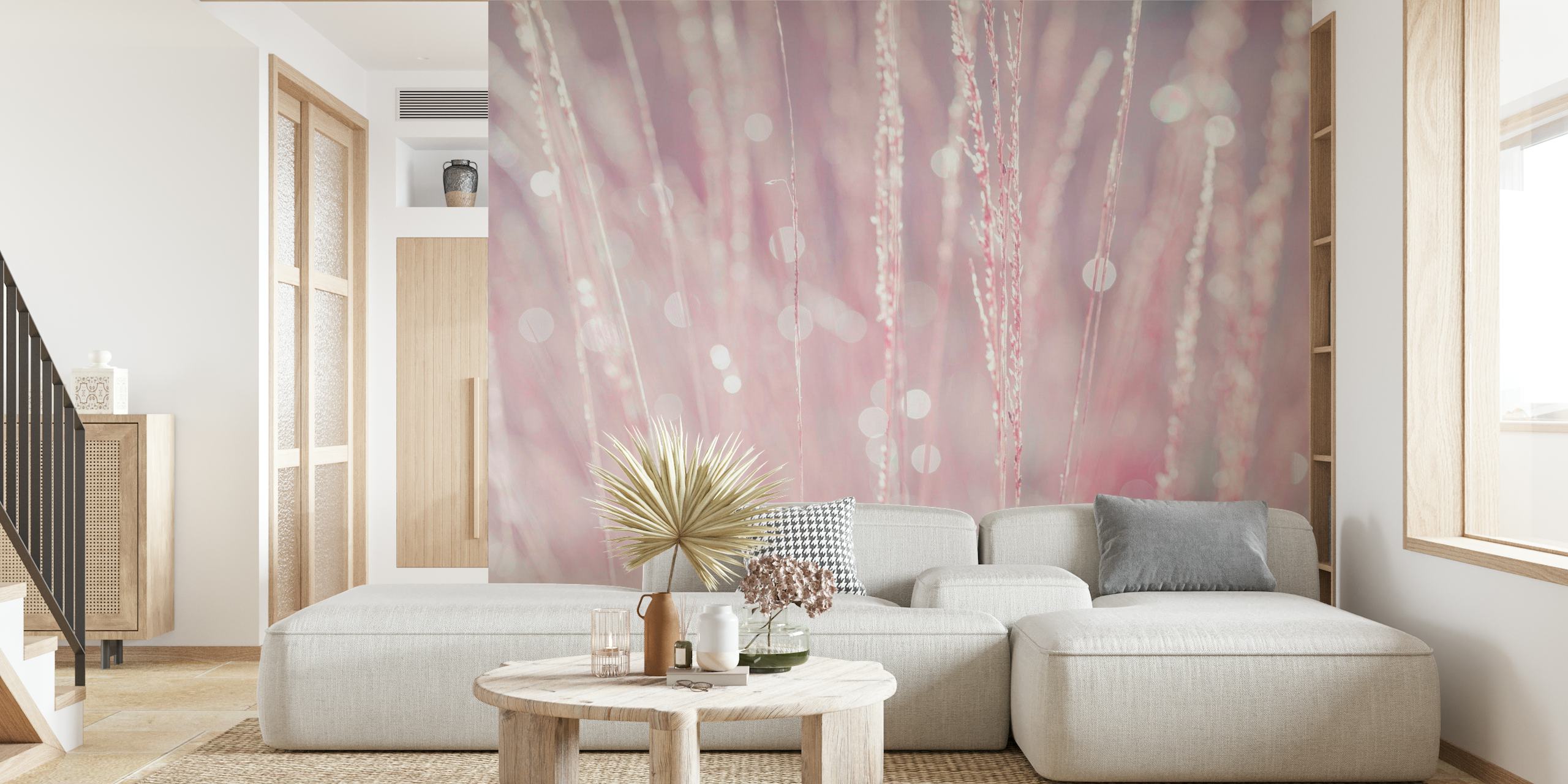 Close-up de foco suave de grama rosa com fotomural vinílico de parede de gotas de orvalho