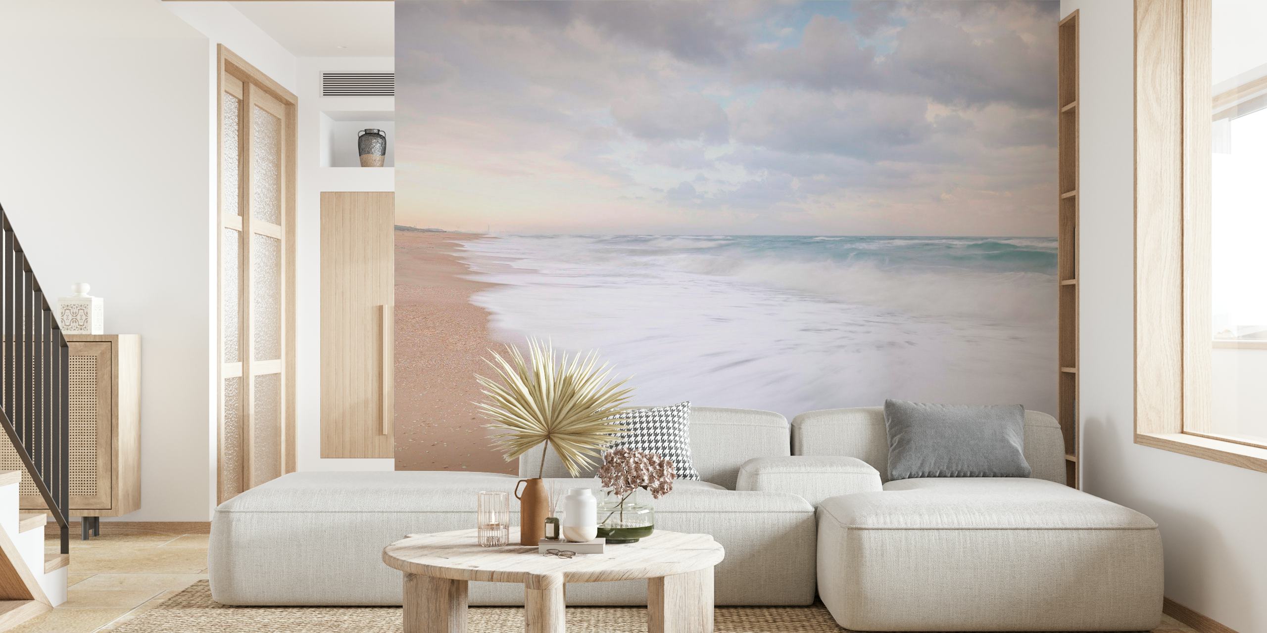 Soothing beach wall mural with gentle waves and soft sands