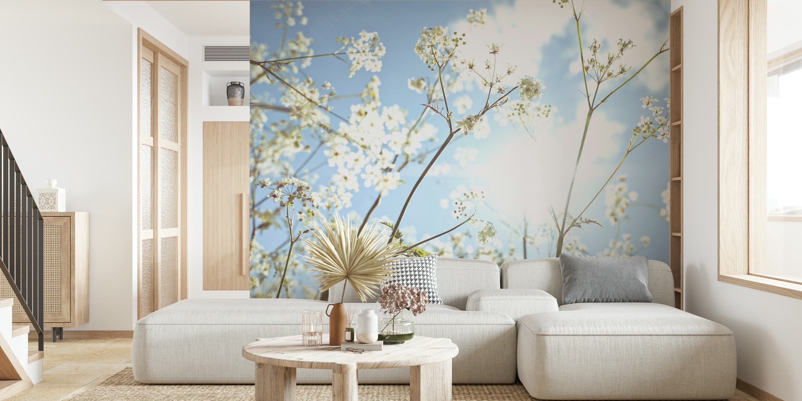Cow parsley flowers against a blue sky wall mural