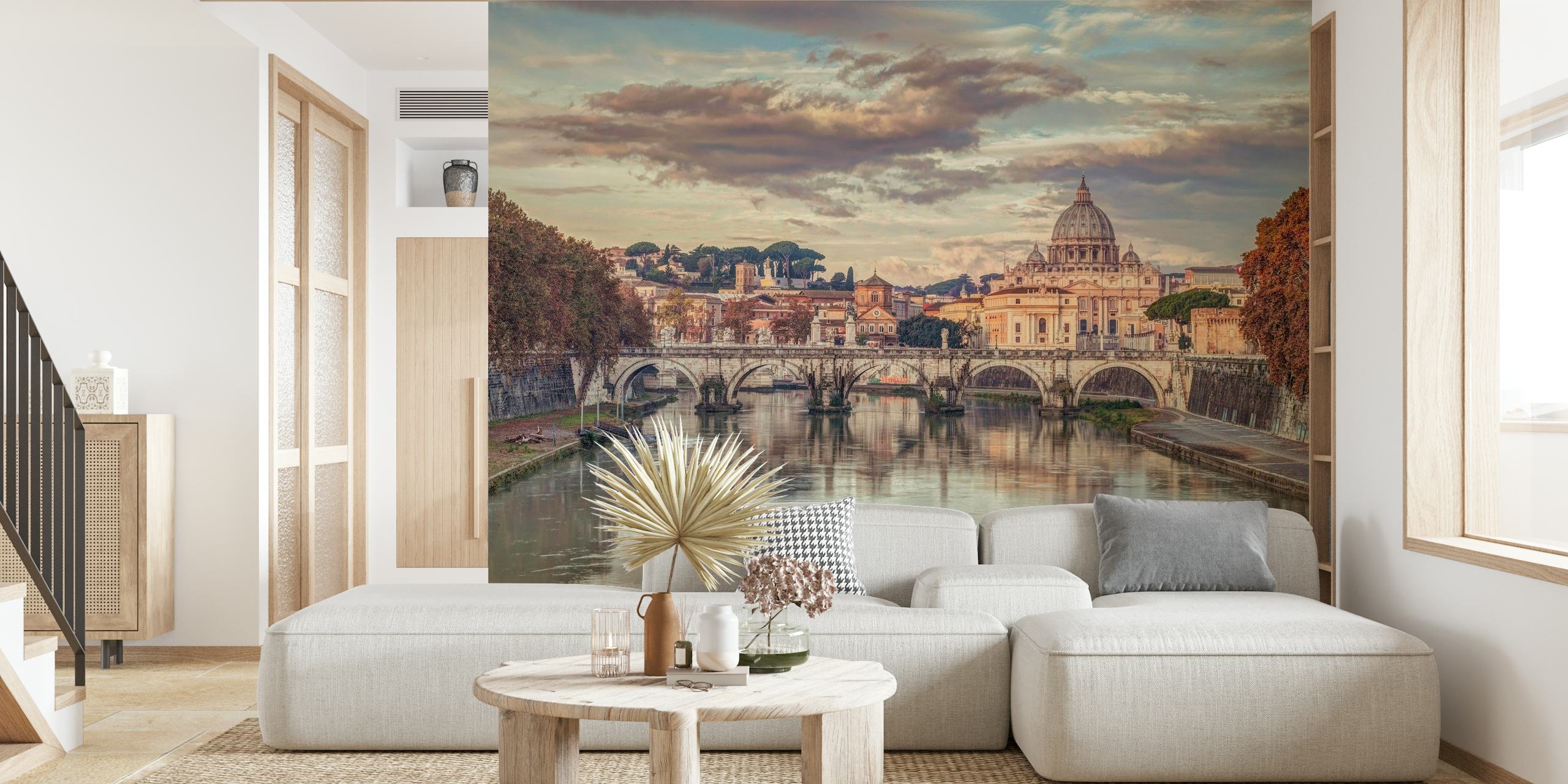 Basilica di San Pietro och Ponte Sant'Angelo över floden Tibern väggmålning