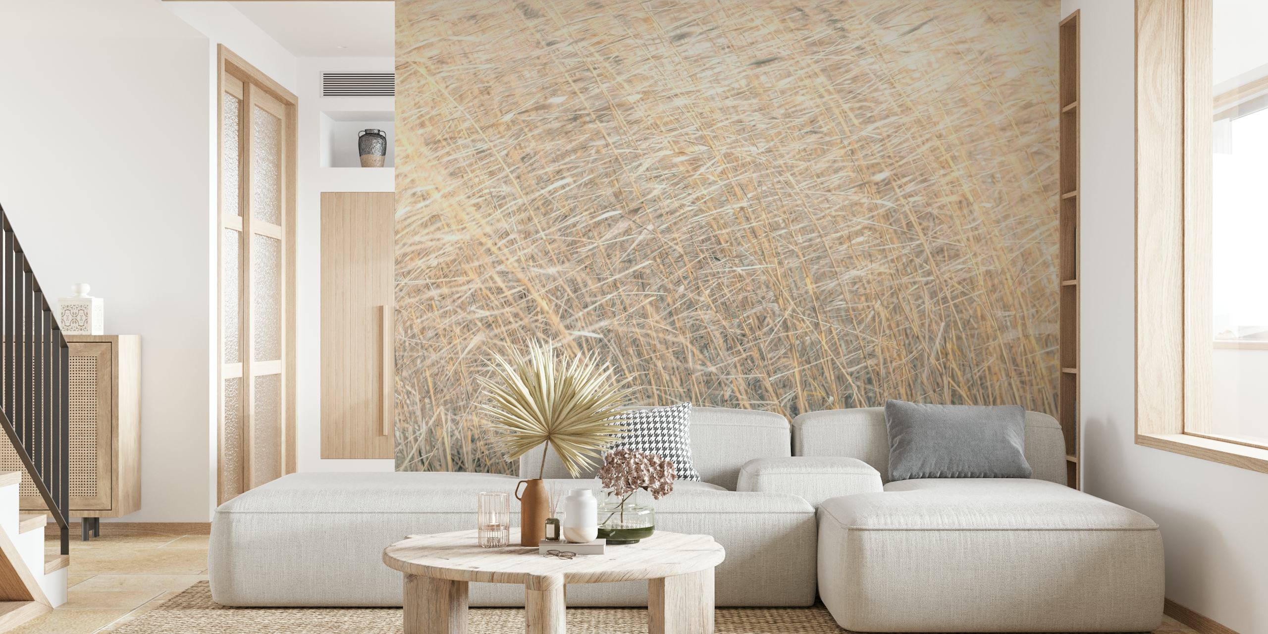 Brown reeds growing in water wallpaper
