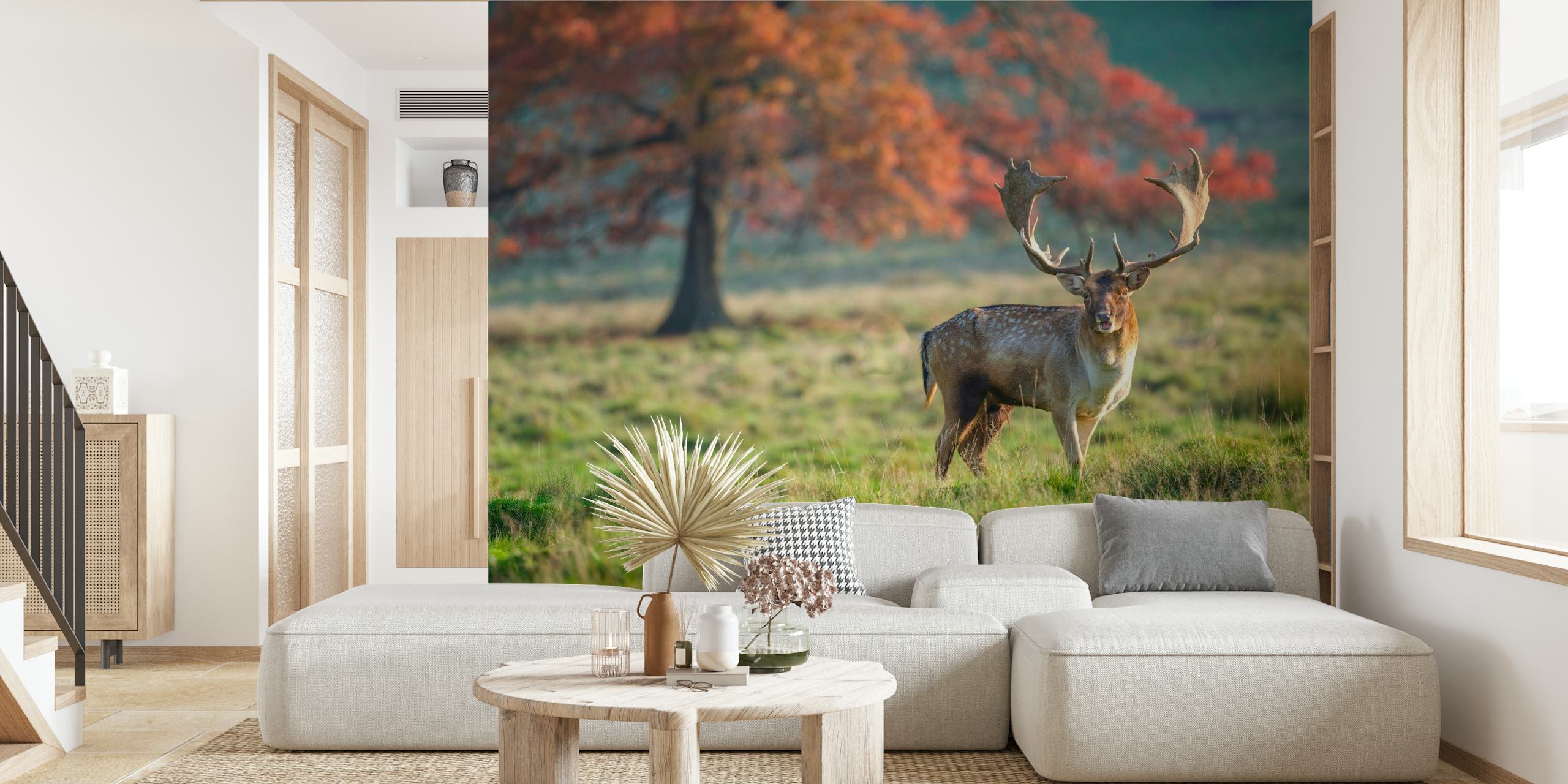 Wandbild eines majestätischen Hirsches, der auf einer farbenprächtigen Herbstwiese mit Bäumen im Hintergrund steht