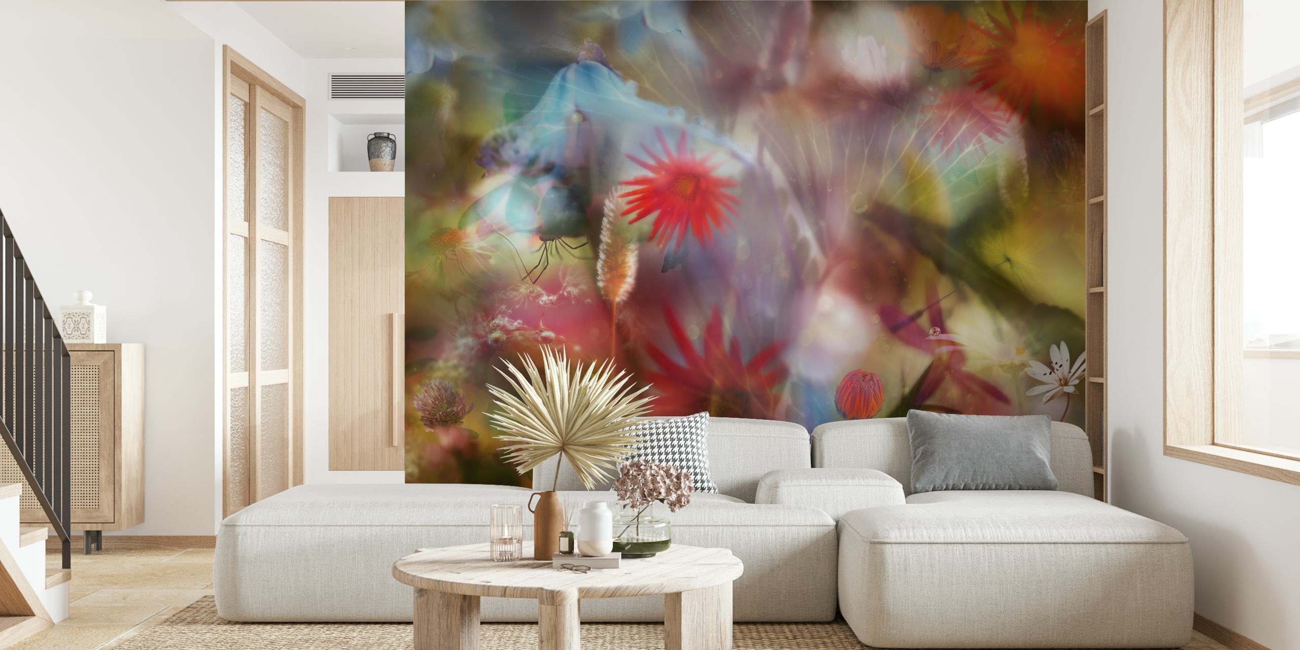 Colorful floral patterns with red, blue, and purple hues wallpaper