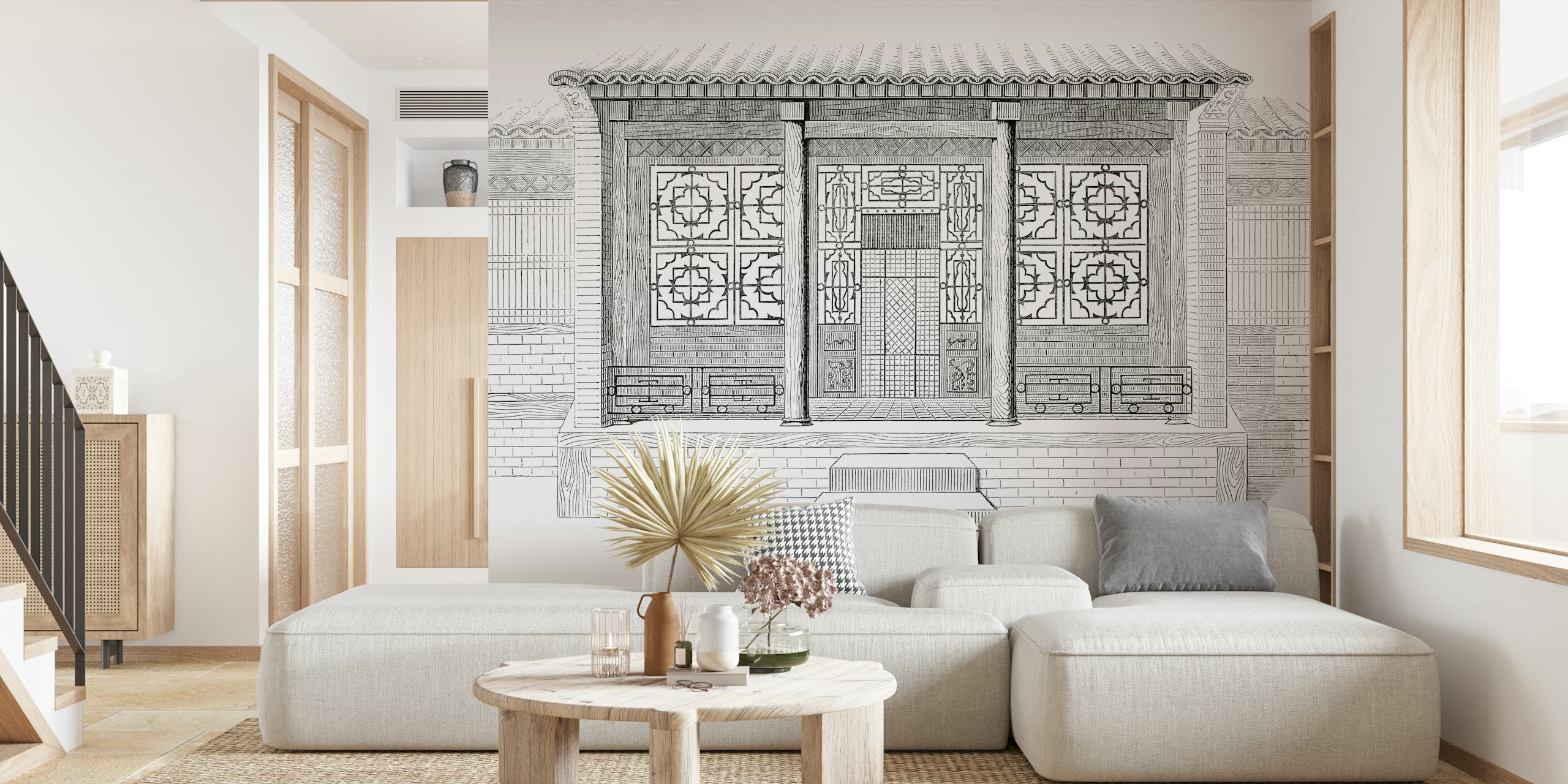 Κινεζική αντίκα Vintage Τοιχογραφία τοίχου που δείχνει περίπλοκα αρχιτεκτονικά σχέδια