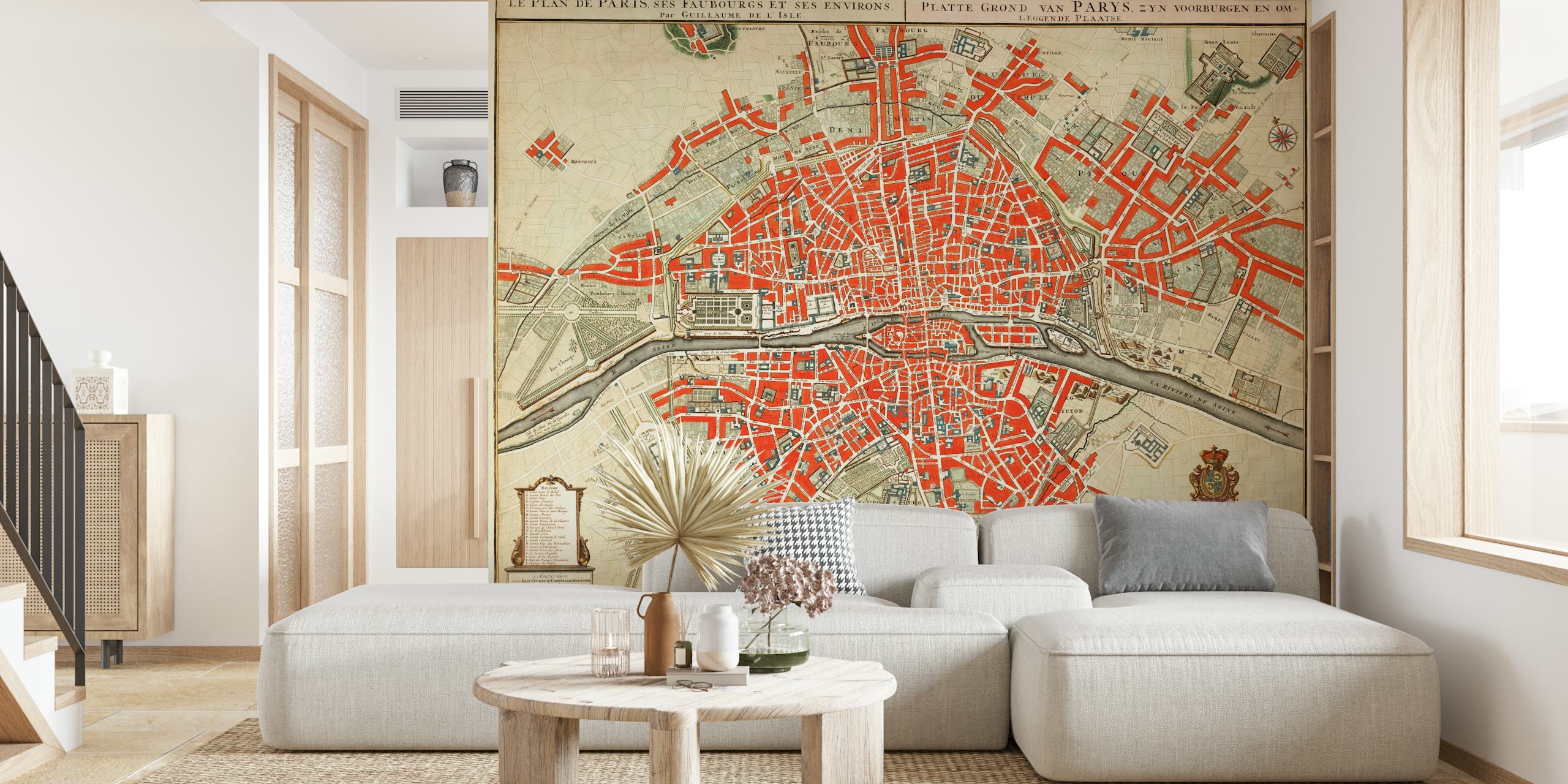 Vintage Paris map wallpaper in living room