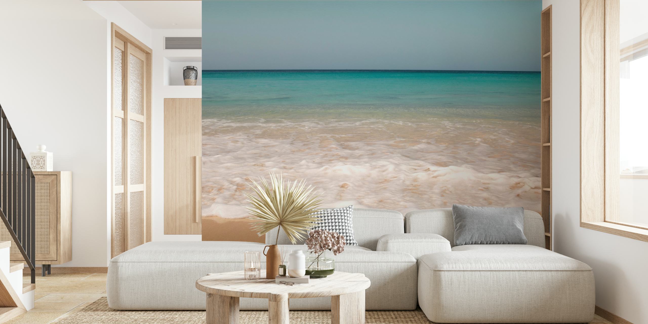 Caribbean ocean beach scene with gentle waves and sandy shore wallpaper