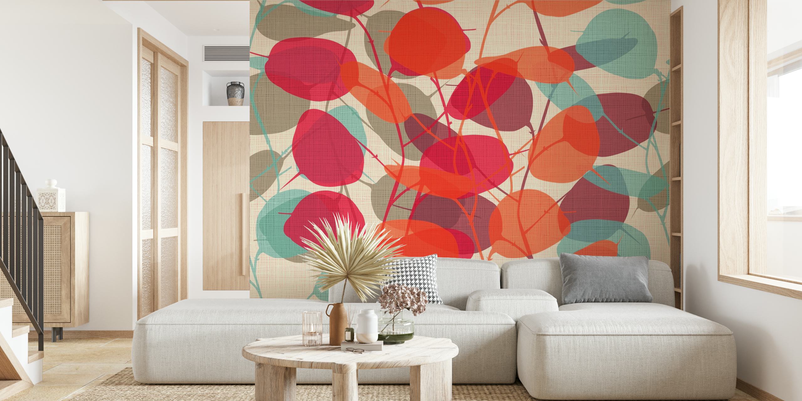 Colorful overlapping leaves in red and teal wallpaper