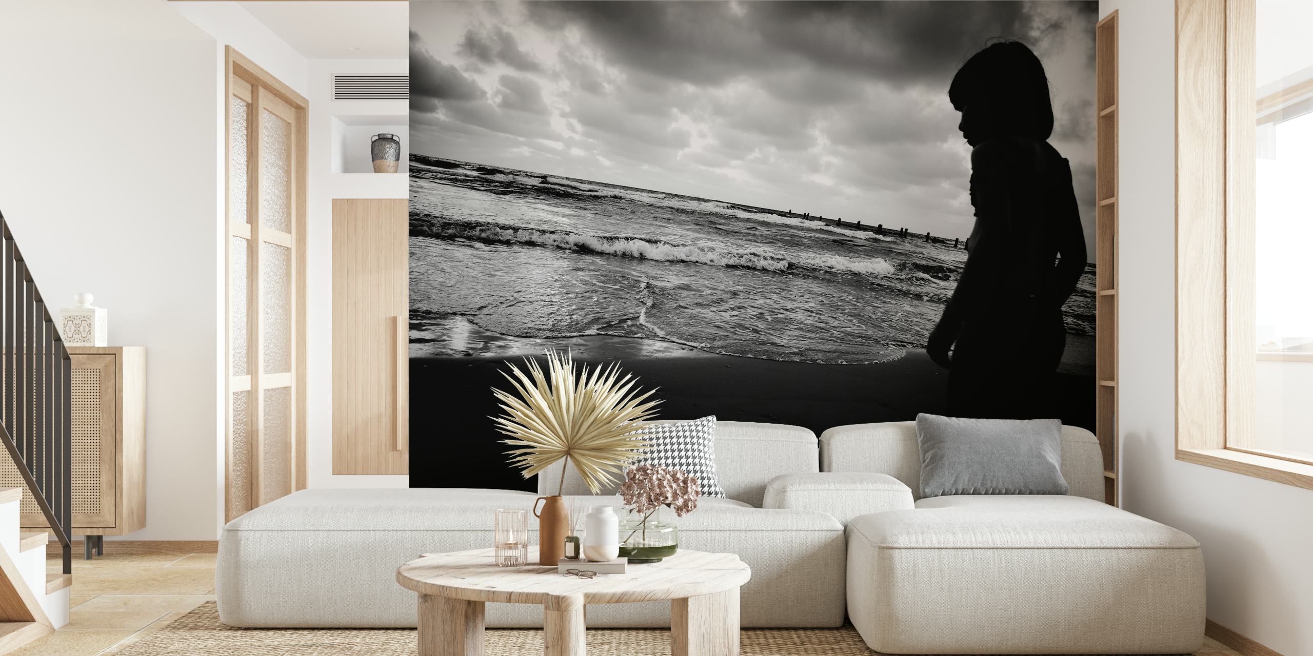 Monochrome silhouette by the seaside wall mural