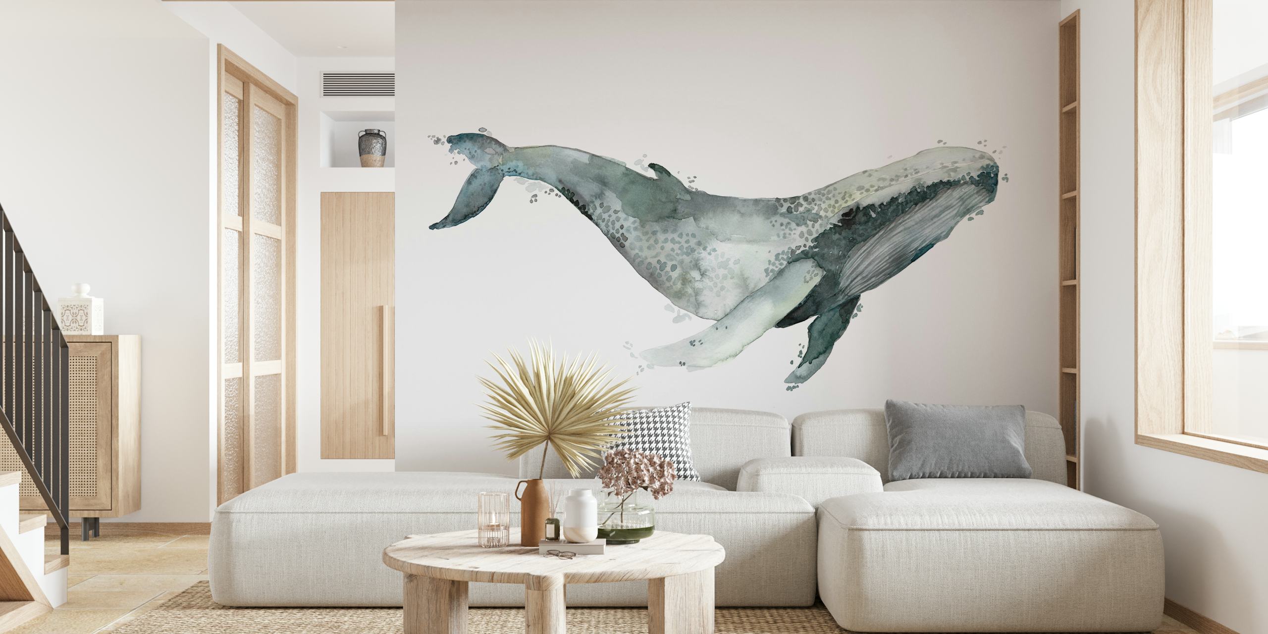 Watercolor humpback whale illustration in shades of blue and gray wallpaper