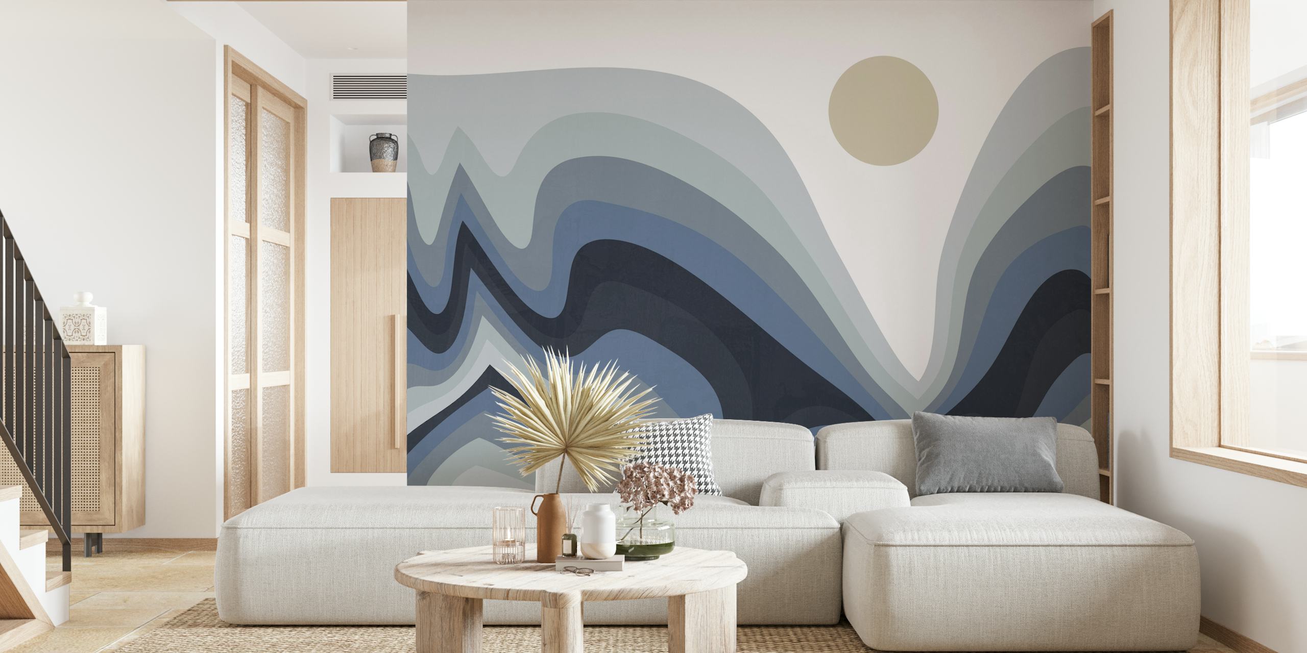 Abstrakte Landschaft mit geschwungenen Linien in Grau- und Cremetönen, mit einer einsamen blassen Sonne.