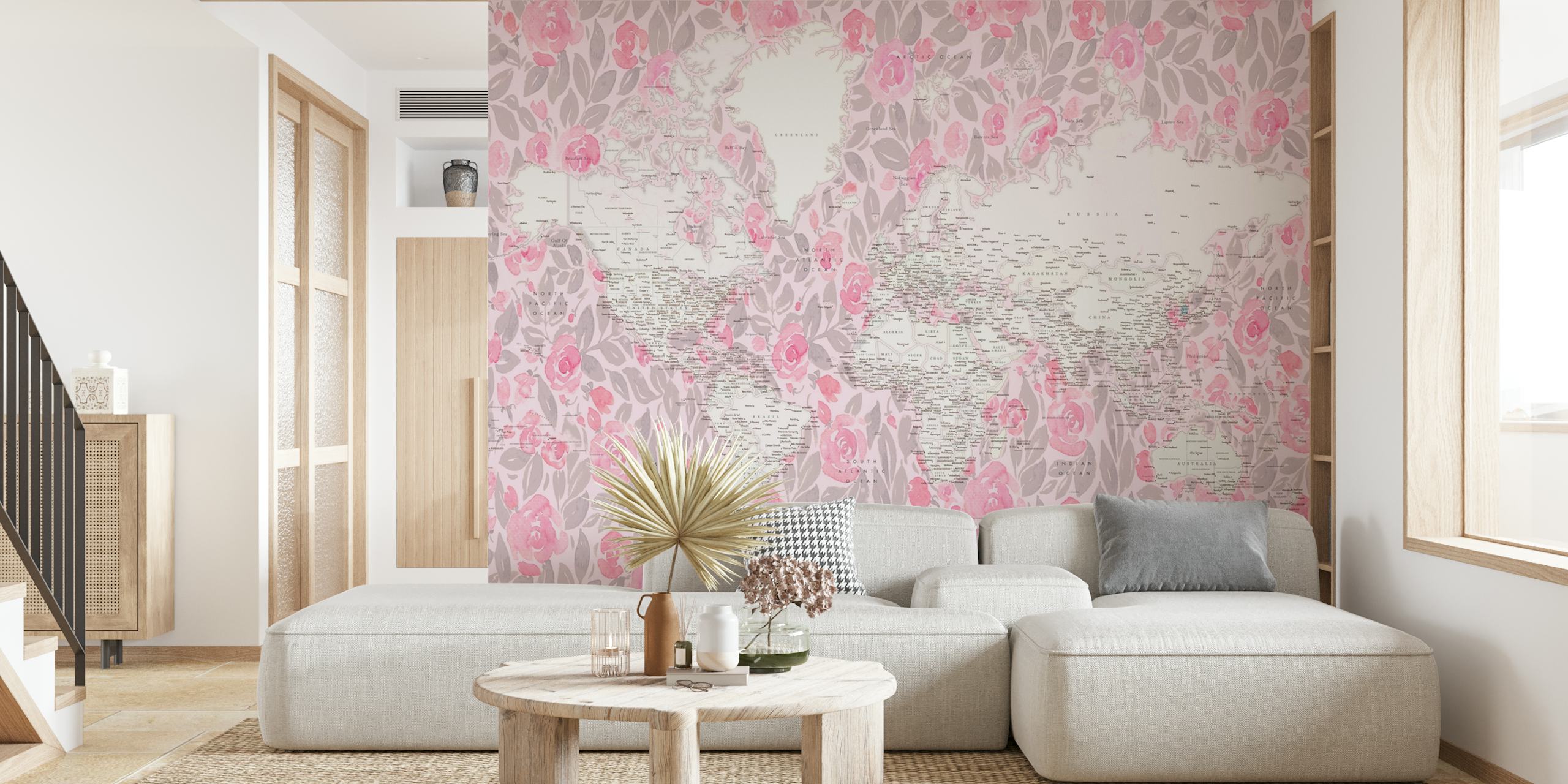 World map with pink floral background wallpaper