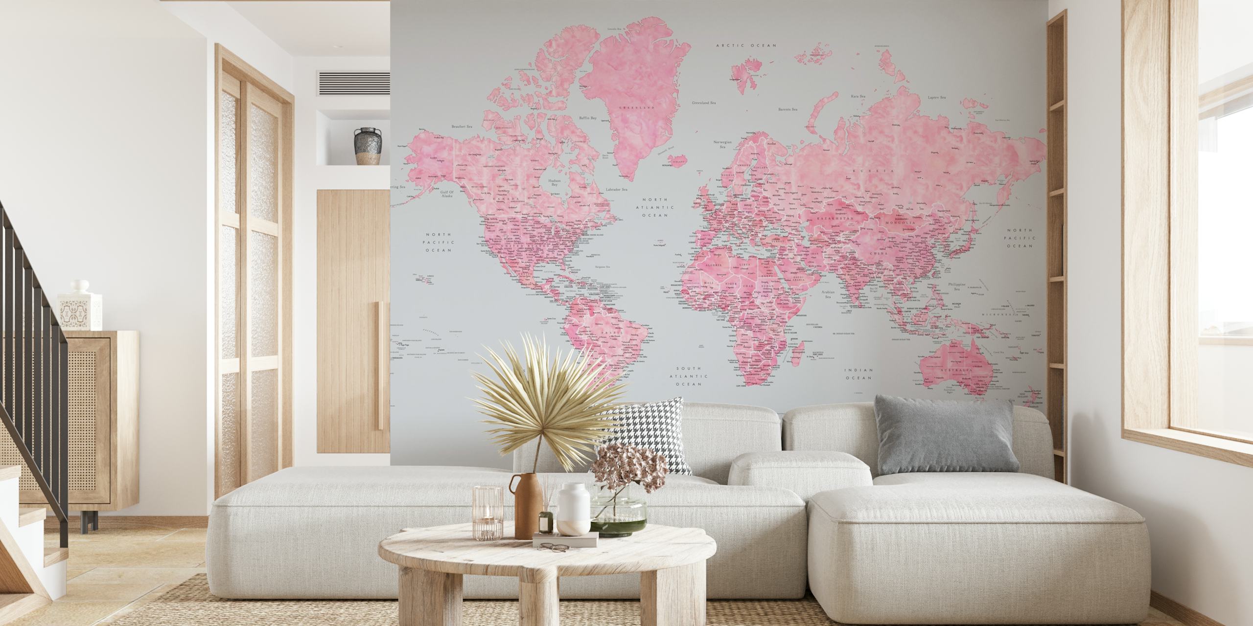 Detailed world map wallpaper in a stylish room