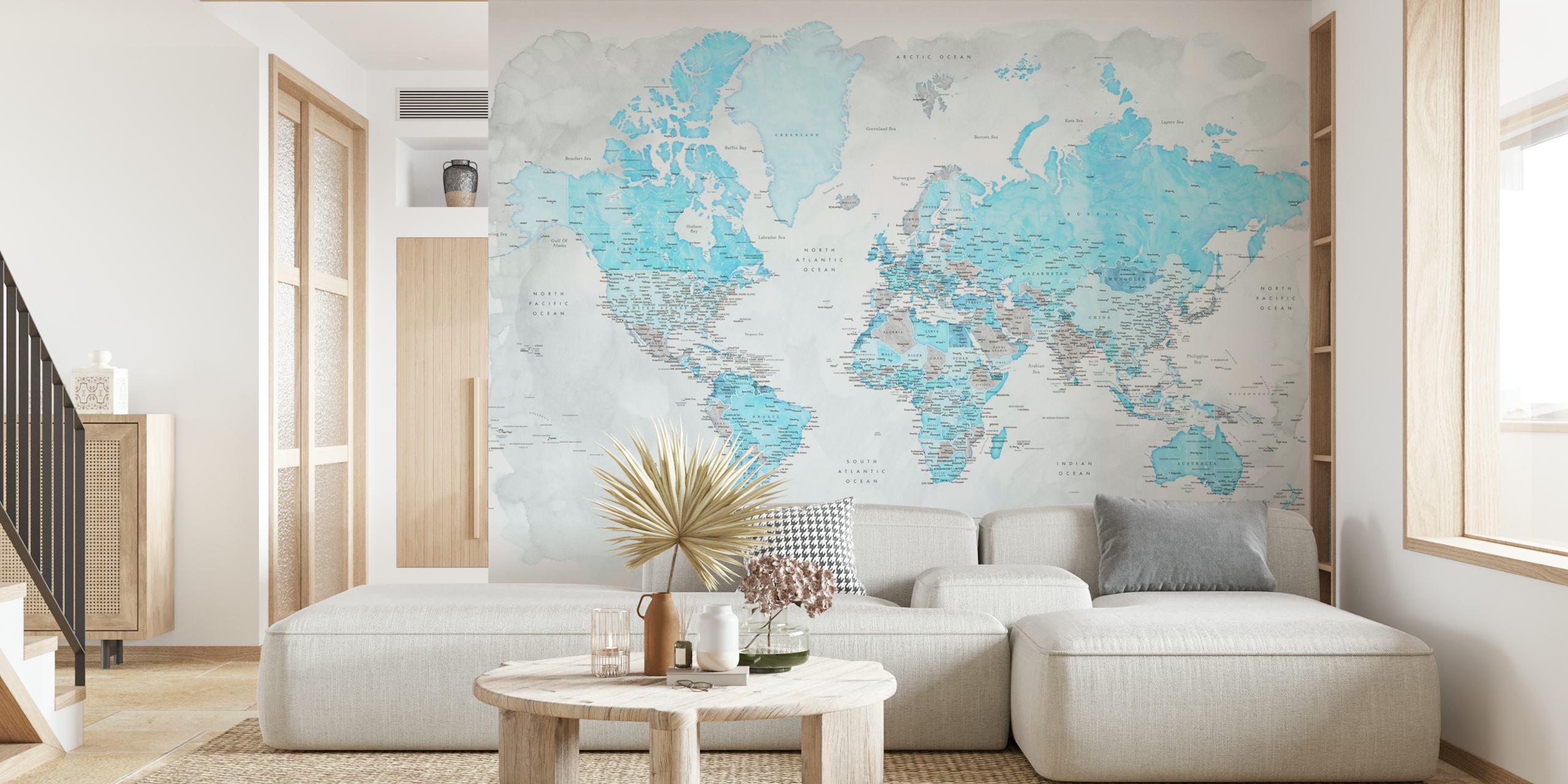 Mural de parede detalhado do mapa mundial Jabulani com paleta de cores suaves mostrando continentes e países