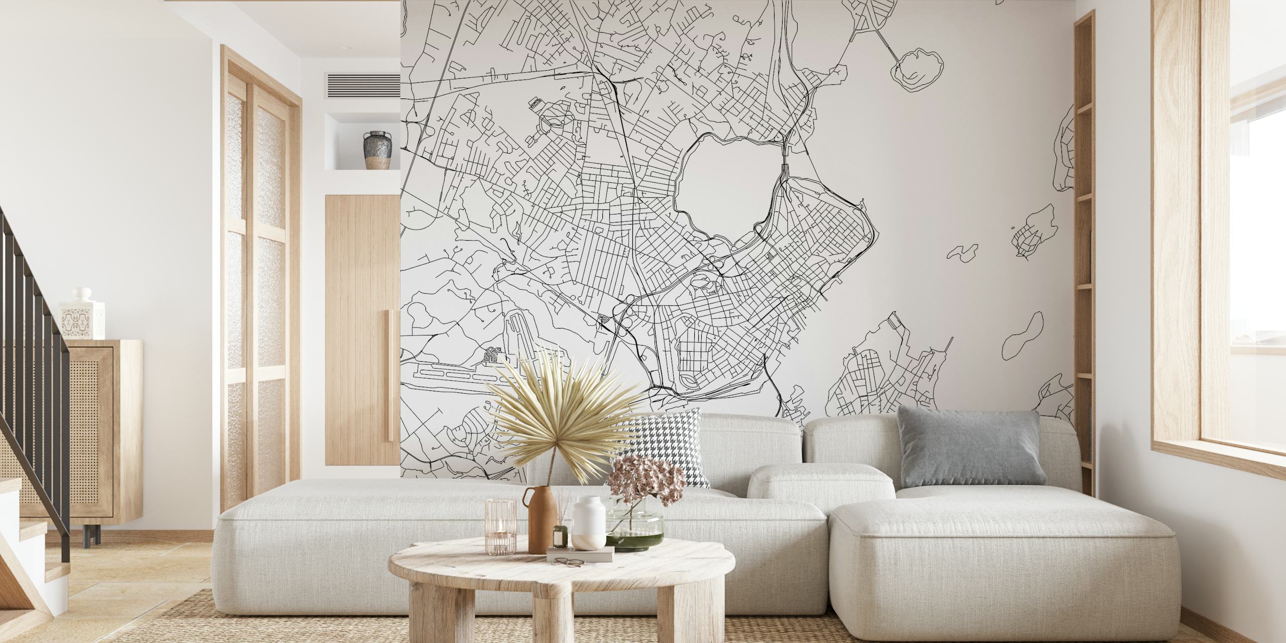 Black outline of Portland Maine map detailing streets and areas wallpaper