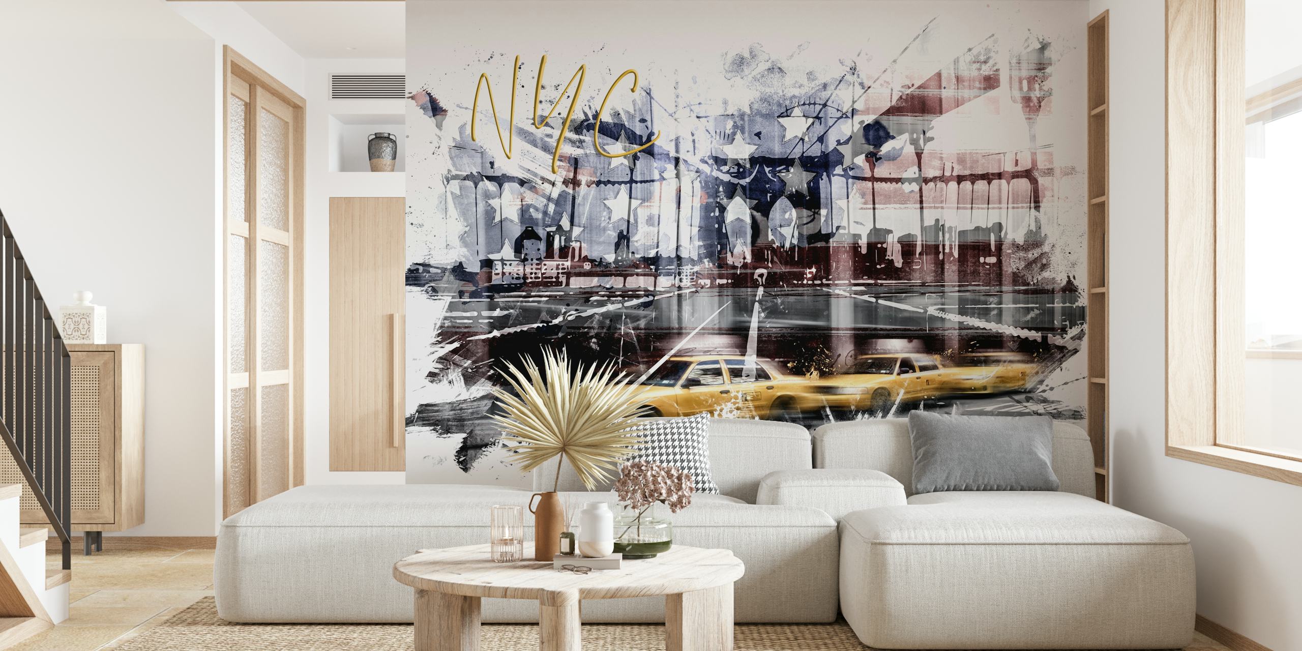 Mural de parede abstrato do horizonte da cidade de Nova York com salpicos artísticos e destaques de táxi amarelo