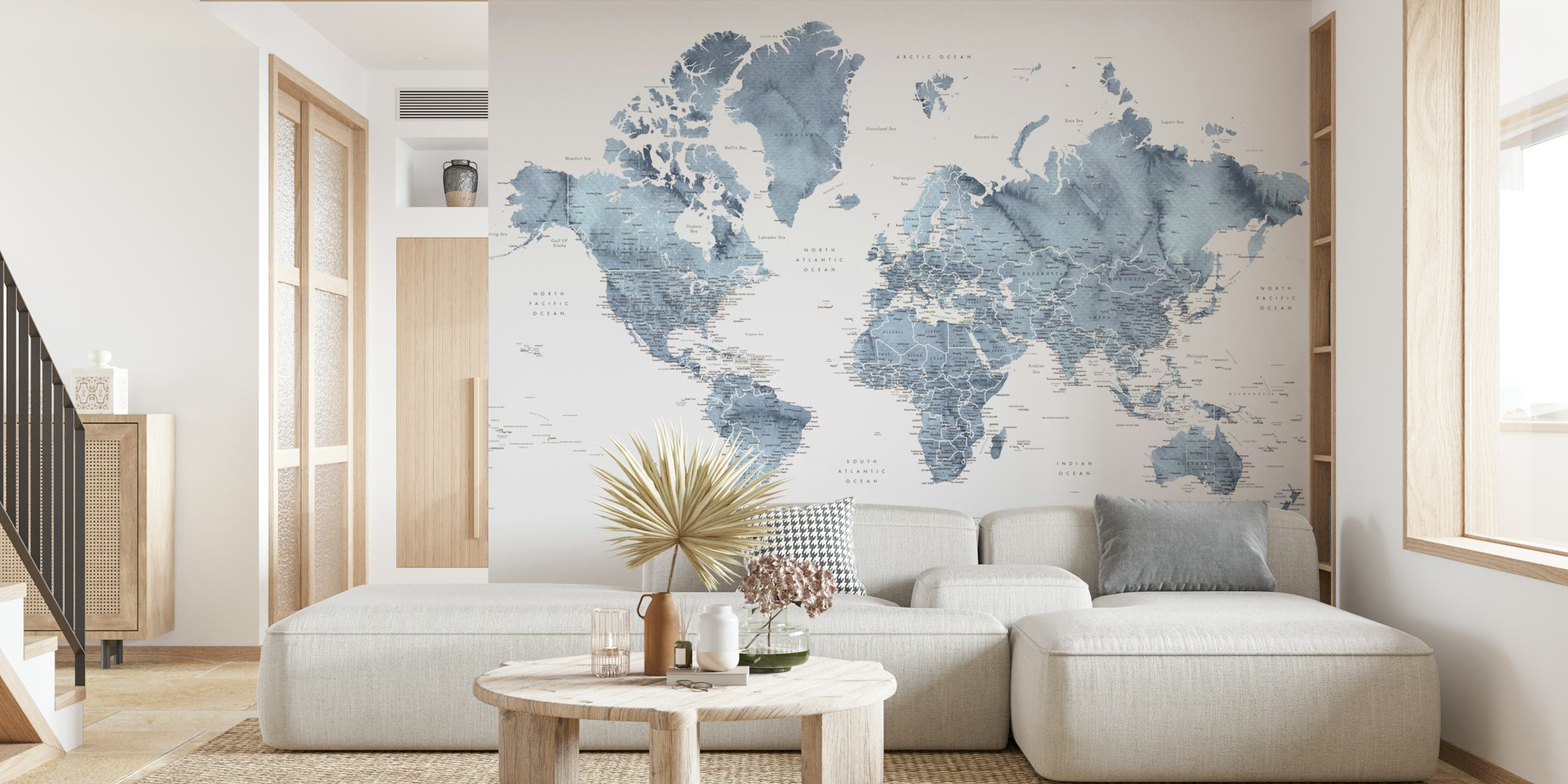 Detailliertes Wandbild mit Weltkarte im Laserschnitt-Stil in Monochrom
