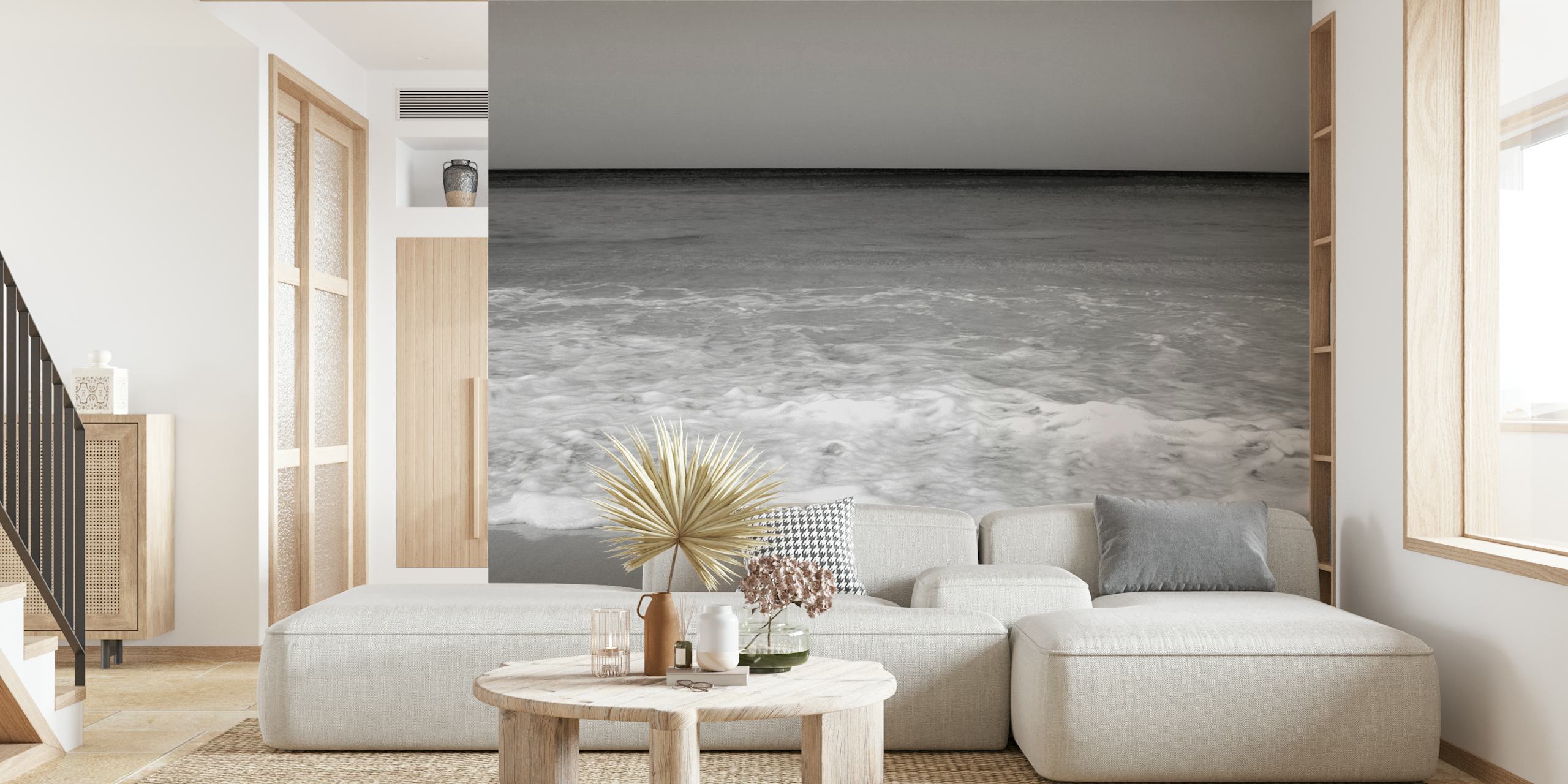 Black and white beach ocean wallpaper with waves