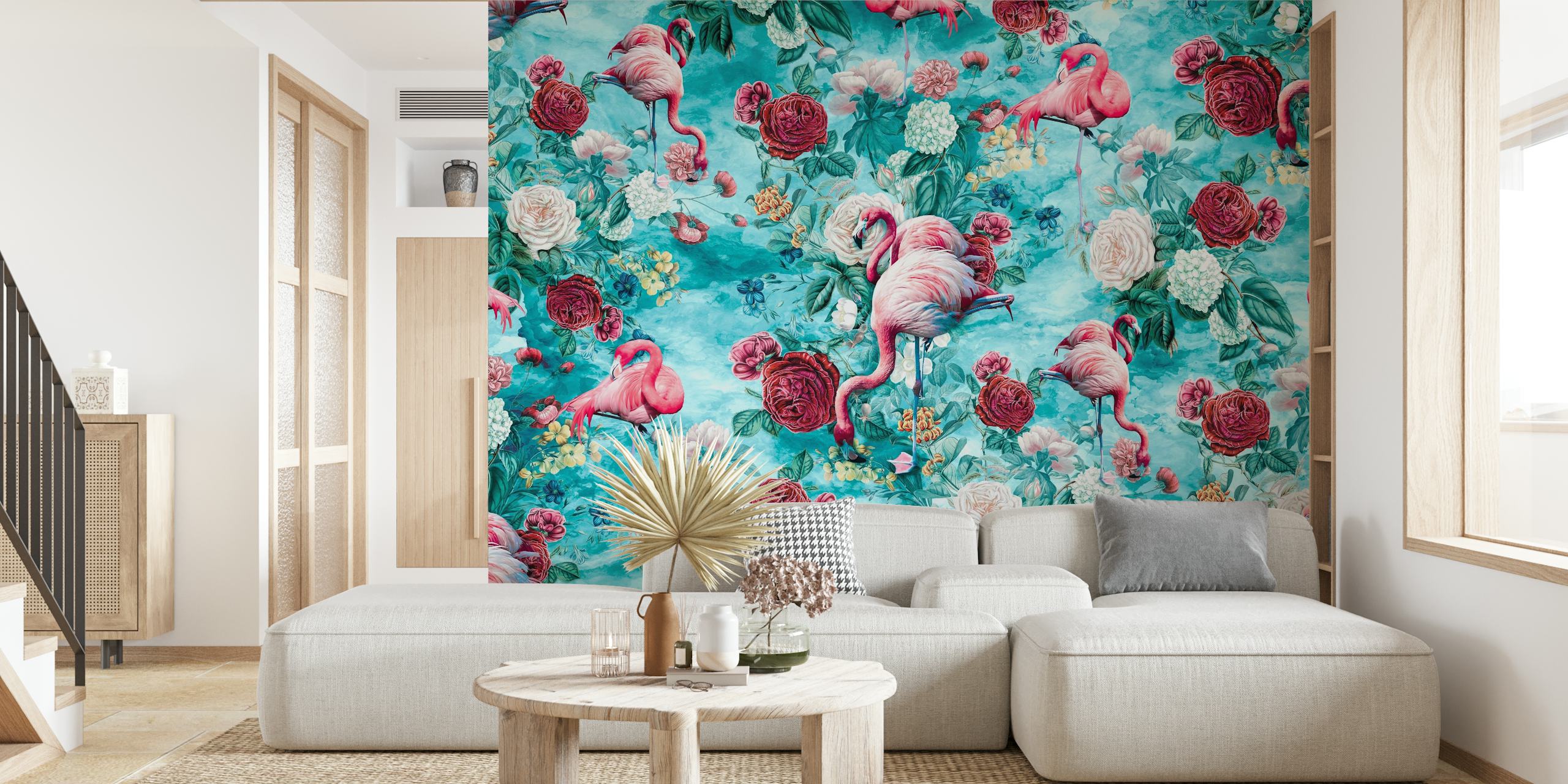 Filamingos wall mural with pink flamingos and botanicals