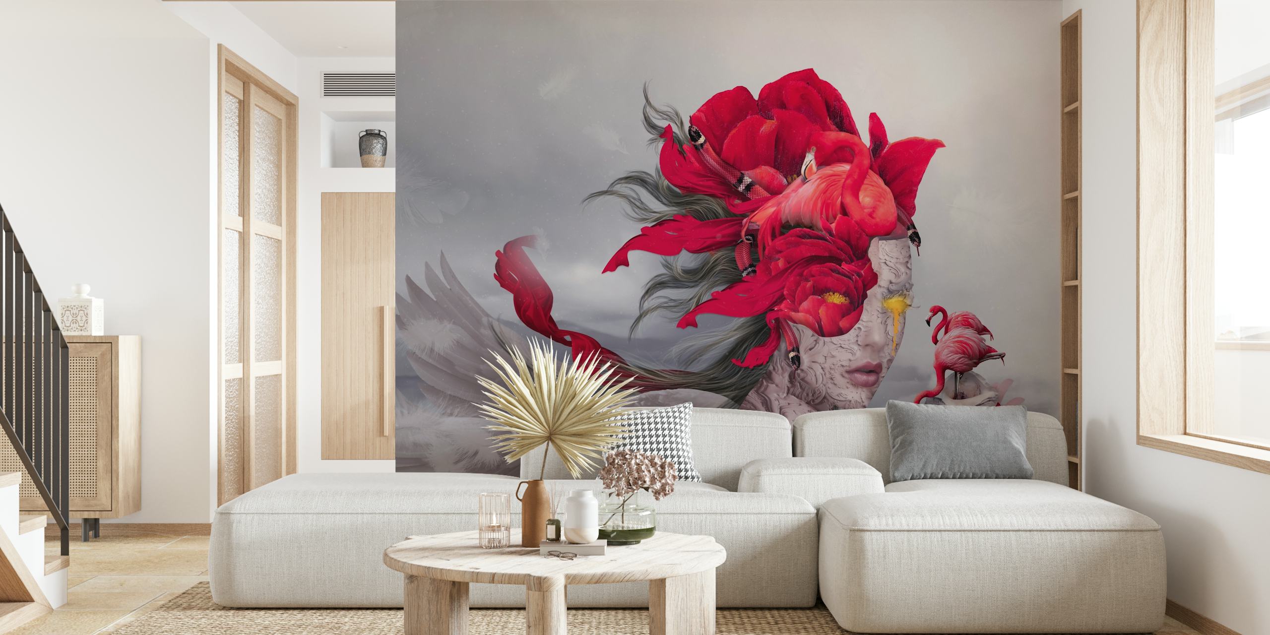 Flamingo Queen wallpaper featuring a woman with floral elements and flamingo, red colors, modern design