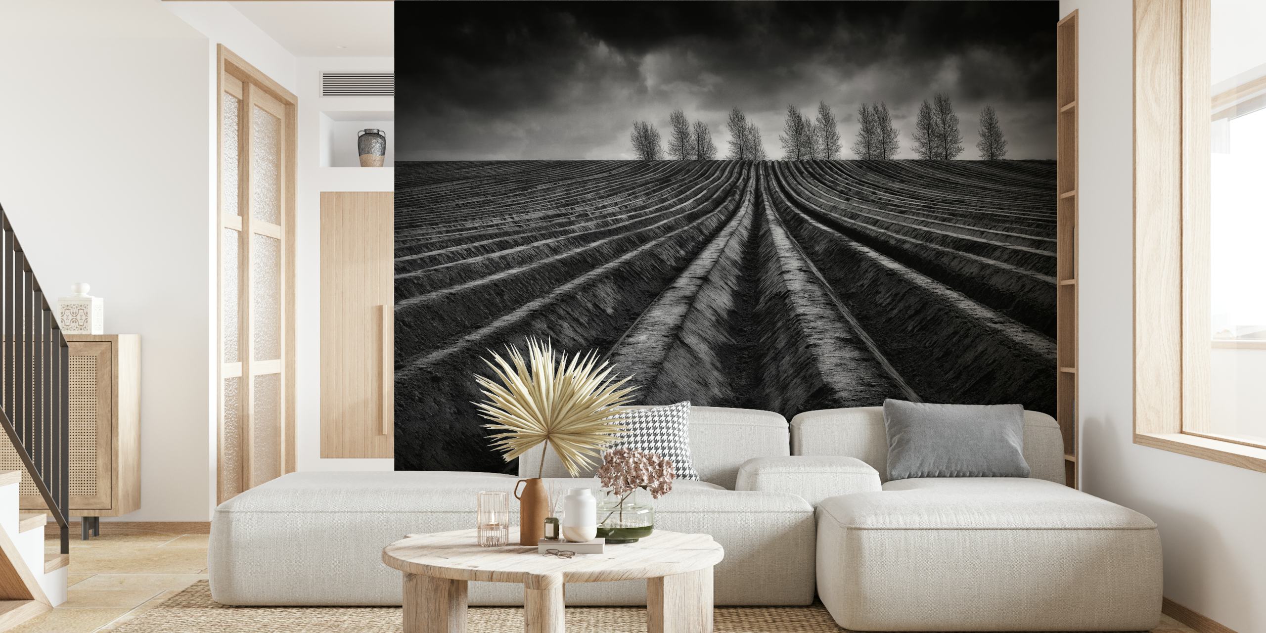 Black and white farm field with curved plowed rows wallpaper