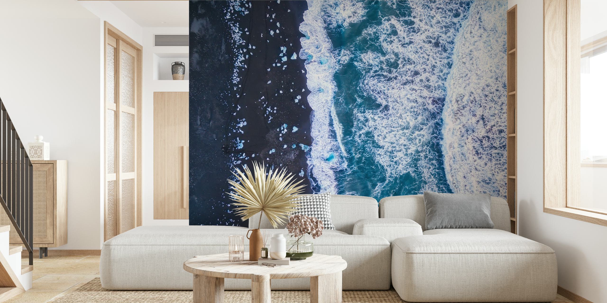 Ocean waves with black sand and icebergs, abstract wallpaper