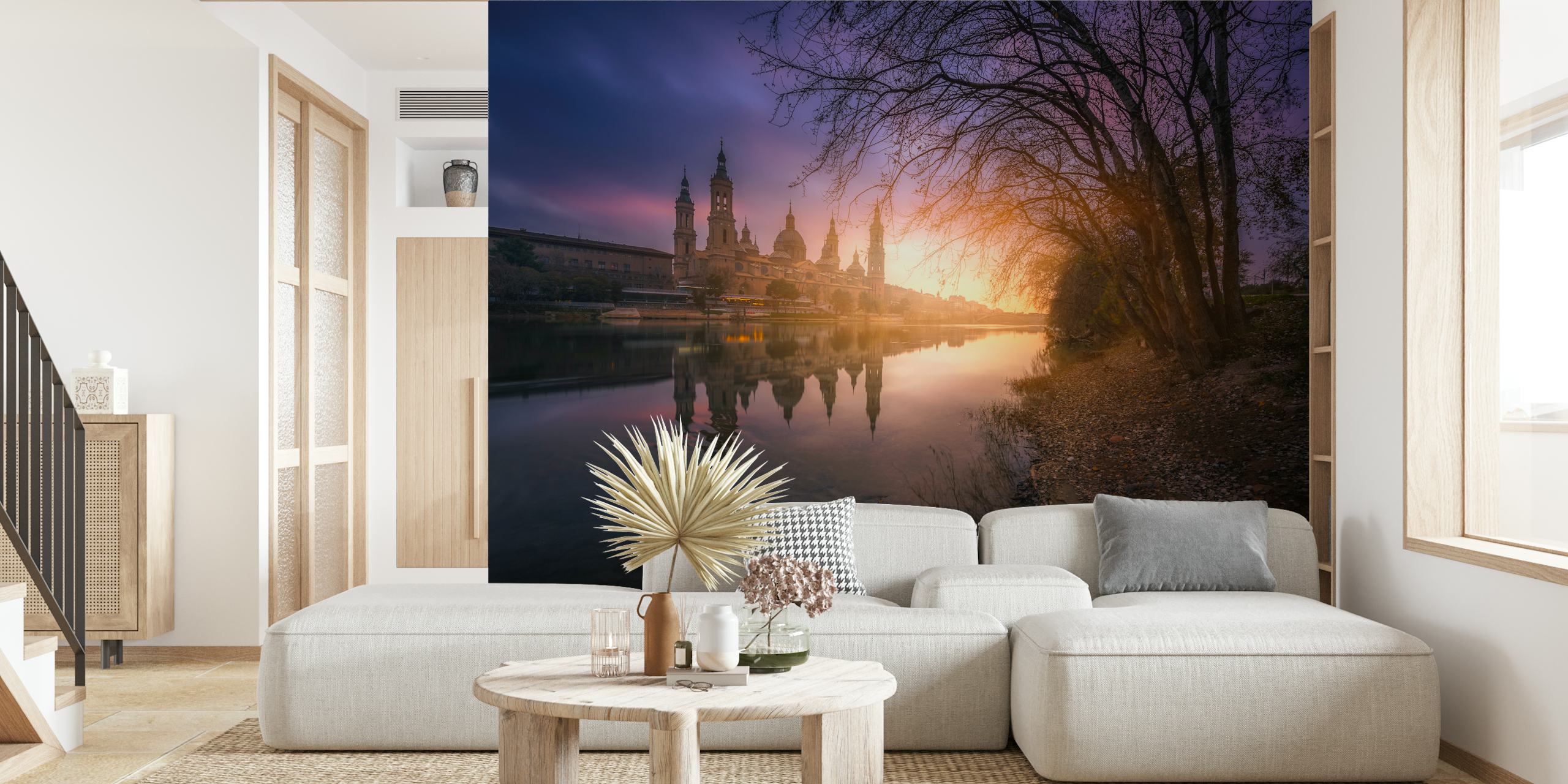 Sunset over a river with trees and buildings reflecting on water, landscape wallpaper