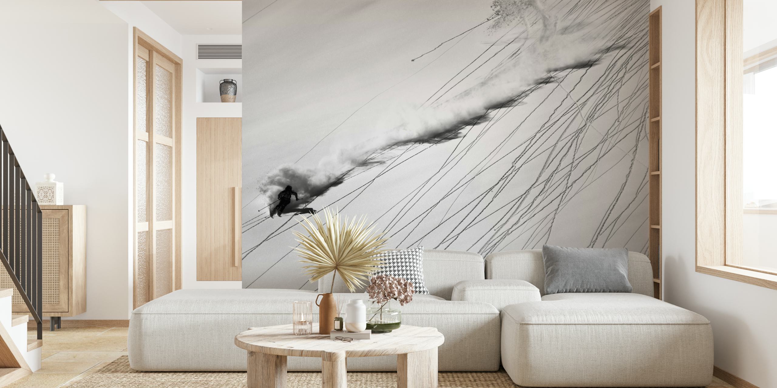 Skiër in sneeuw, zwart-wit achtergrond, dynamische lijnen, ski wallpaper