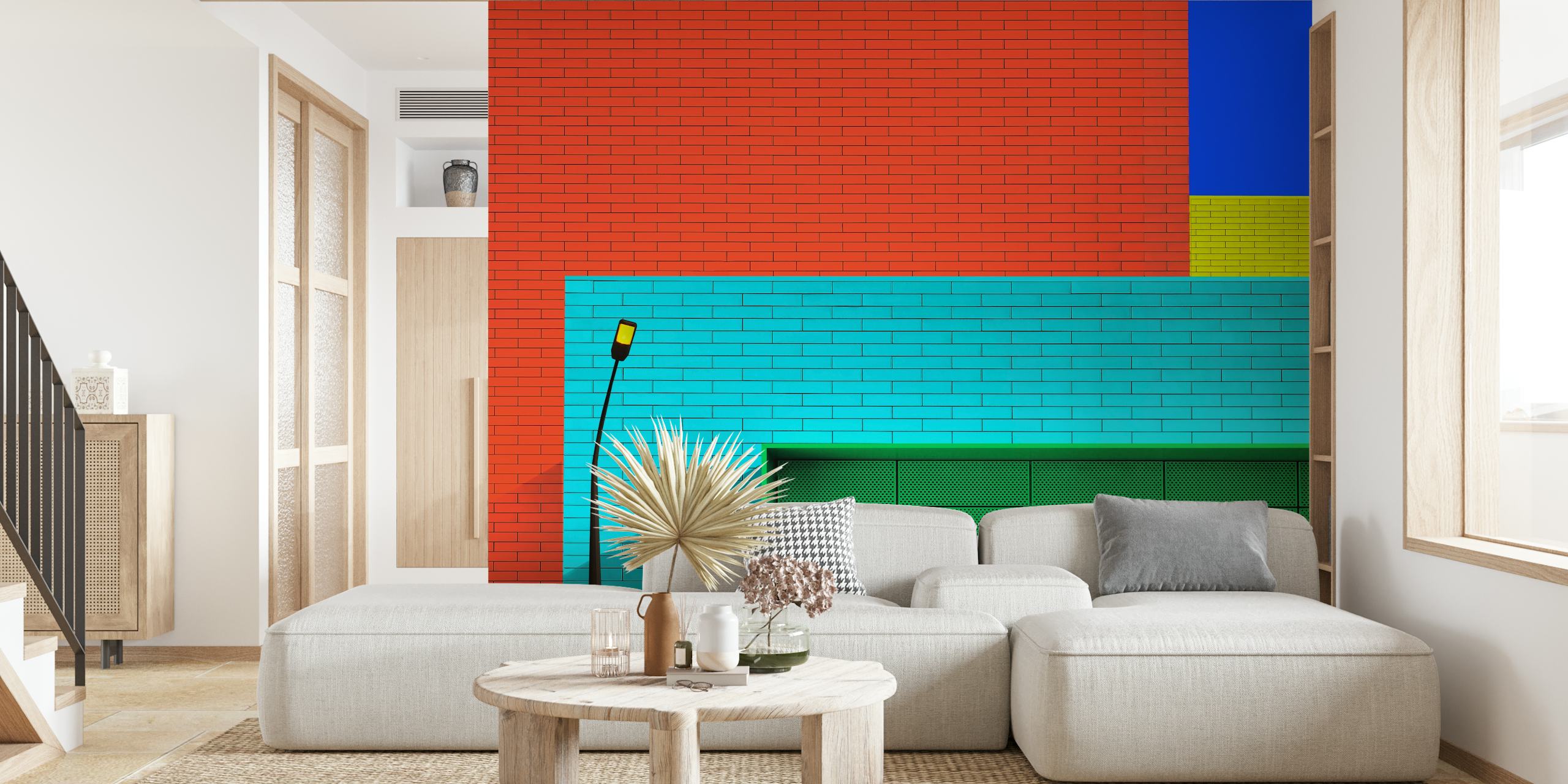 Colorful wall mural with a geometric pattern representing a spectrum of rainbow colors