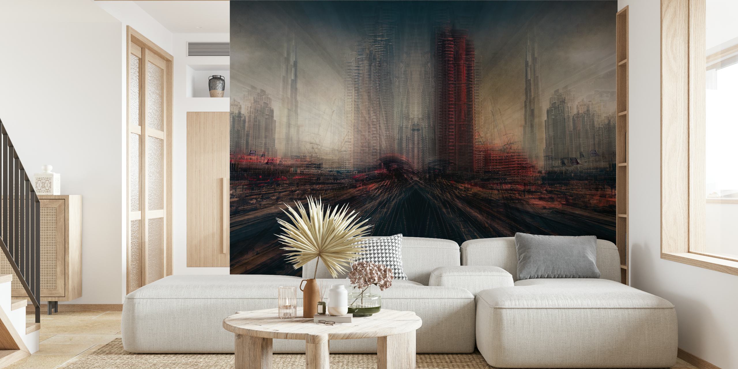 Artistic representation of Dubai's skyline with motion blur effect in warm and cool tones for a wall mural.