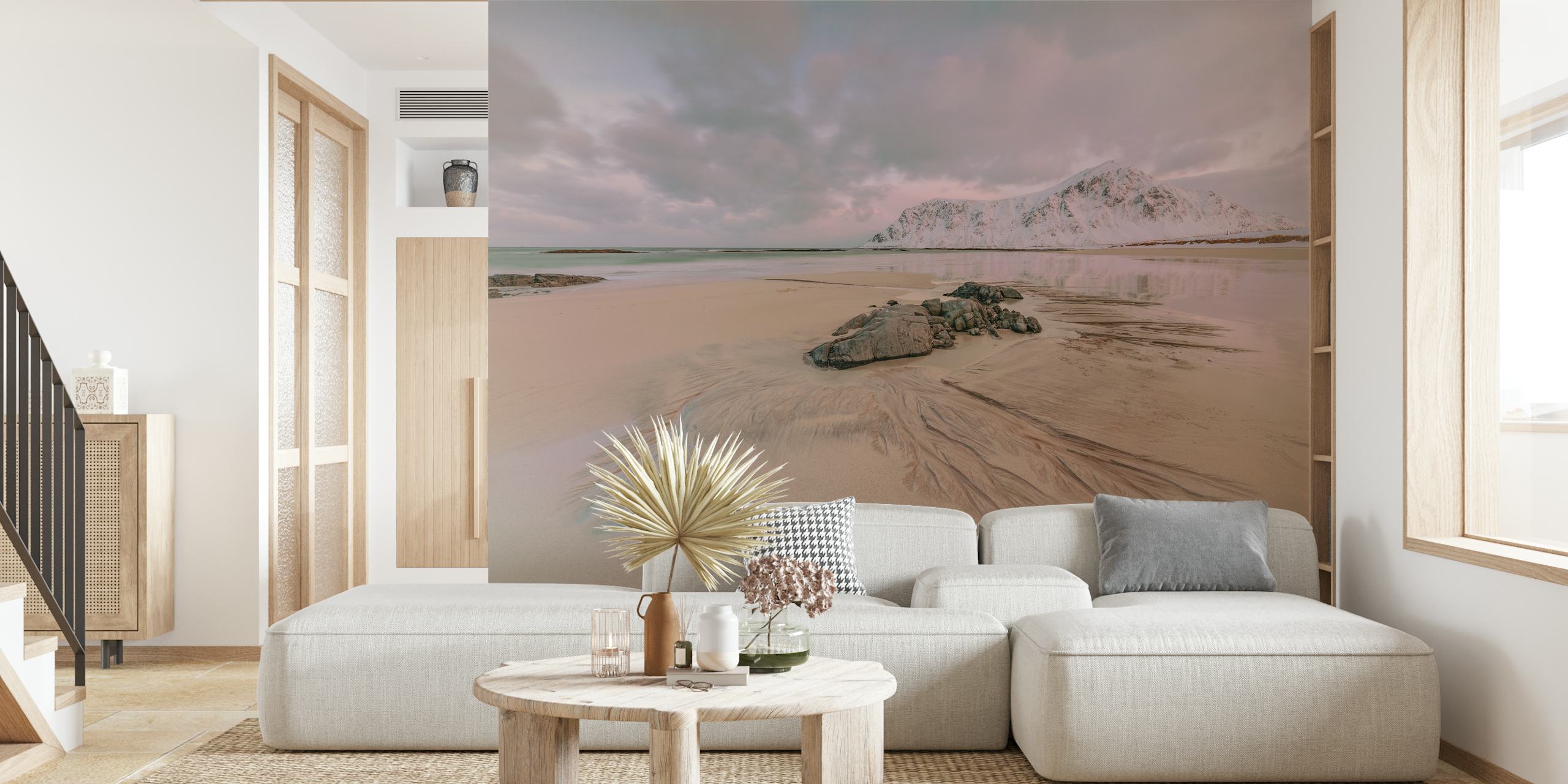 Calm Arctic landscape with mountains, rocks, and beach wallpaper
