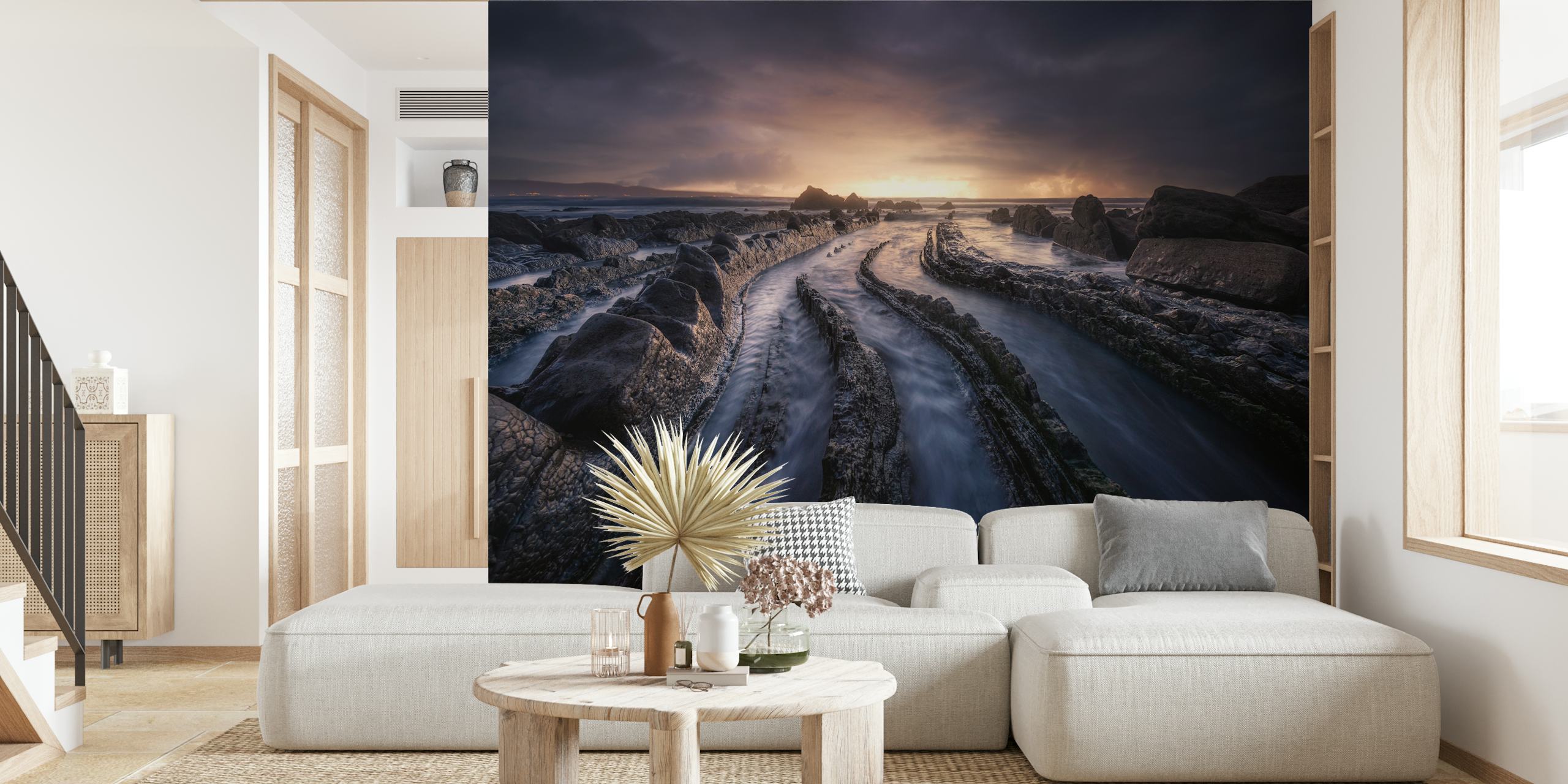 Coastal landscape wallpaper with textured rocks and water