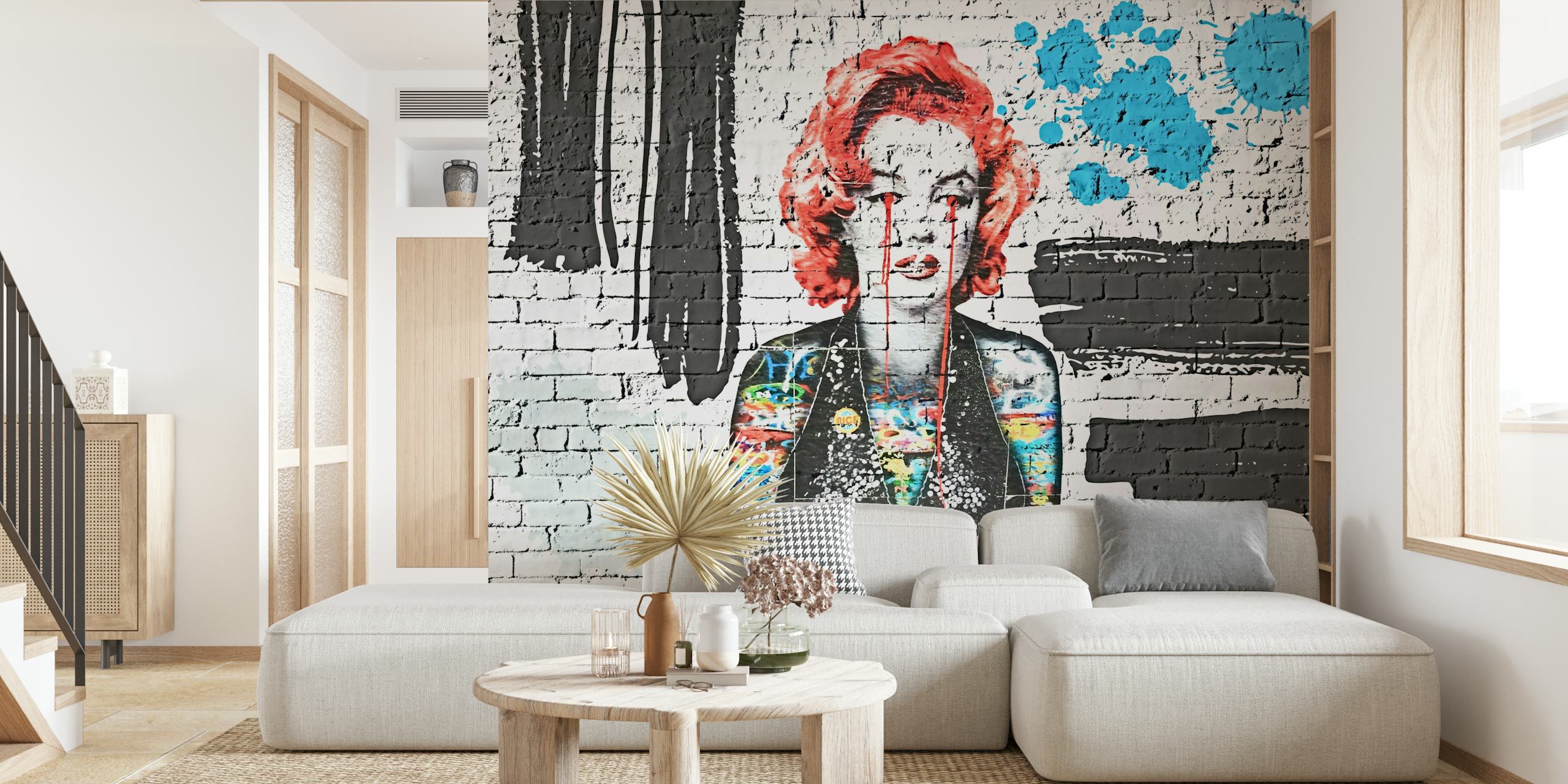 Colorful graffiti mural featuring a woman with red hair and vibrant patterns wallpaper
