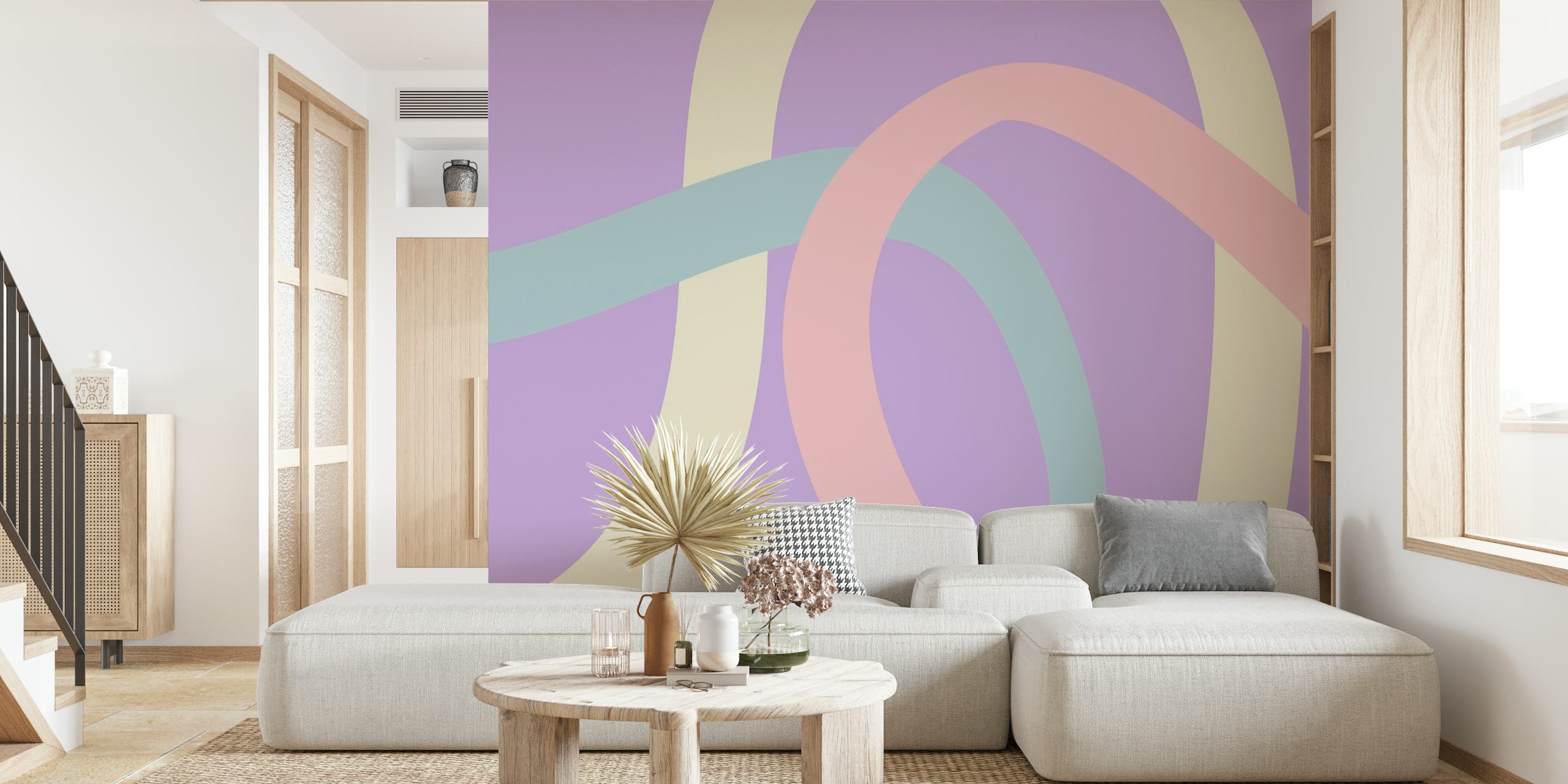 Mural de pared abstracto en colores pastel con influencias de diseño moderno de mediados de siglo