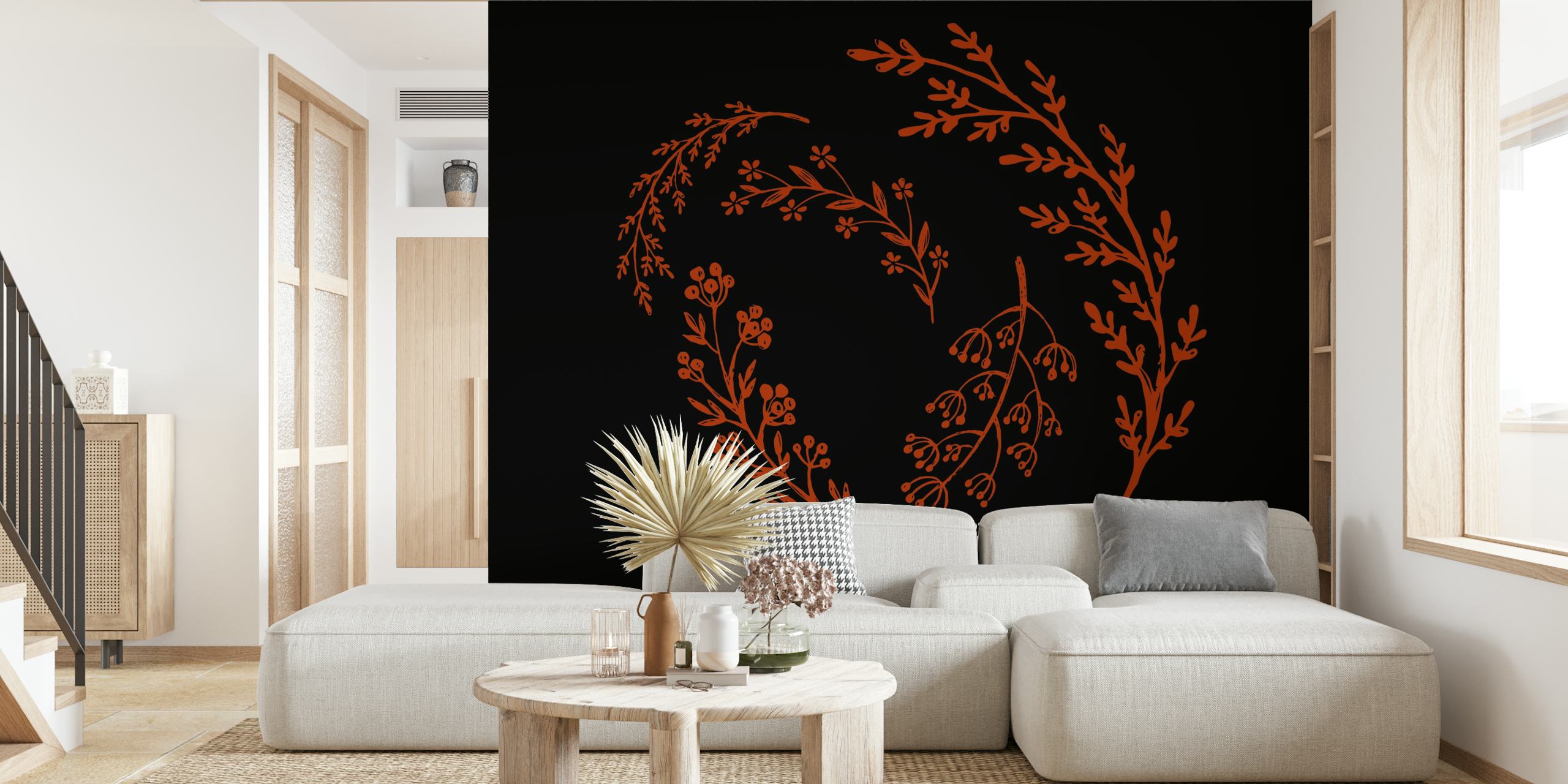 Red hand drawn vintage floral design with stems on black wallpaper