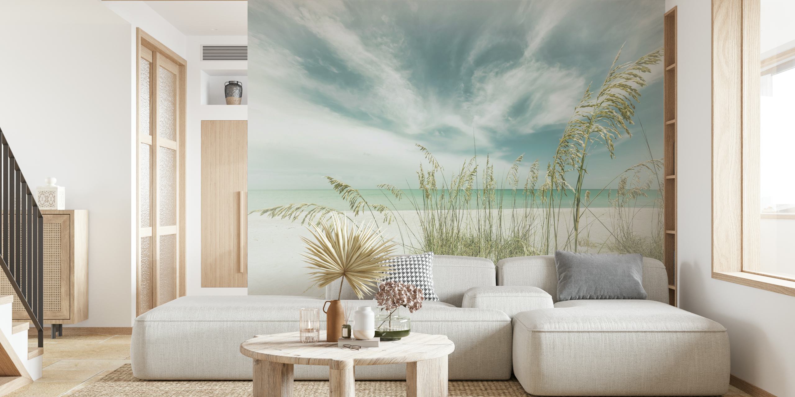 Pastellfärgad strand och himmel tapet med vajande strandgräs