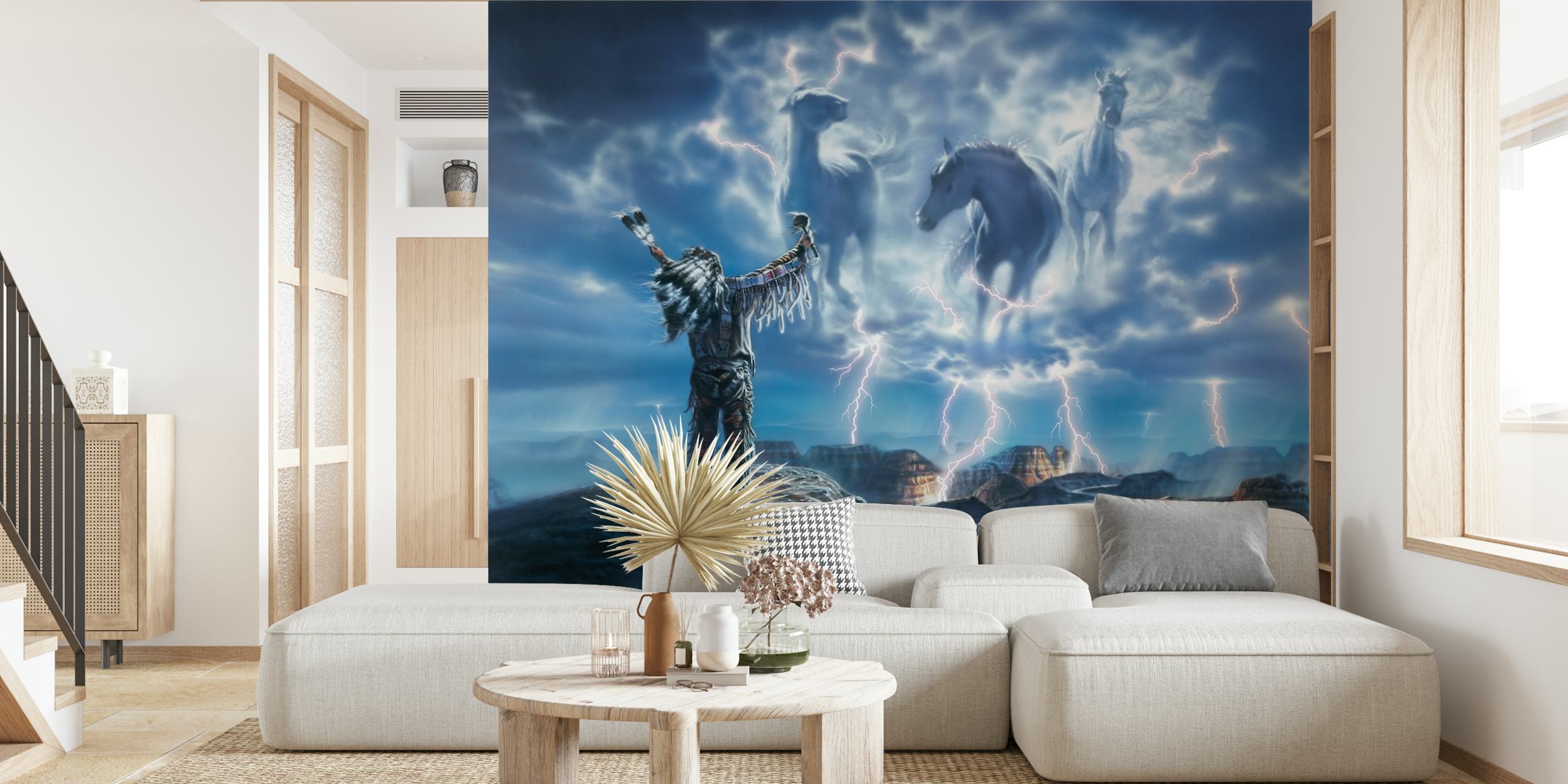 Native American figure with mystical horses in stormy clouds wallpaper