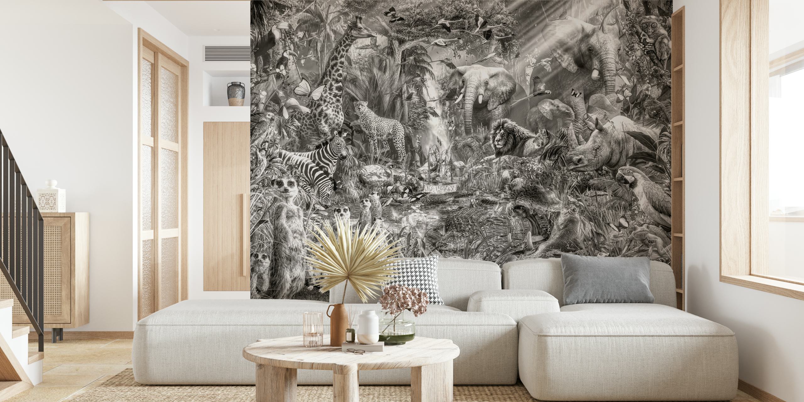 Jungle animal scene with elephants, lions, and zebras in black and white wallpaper