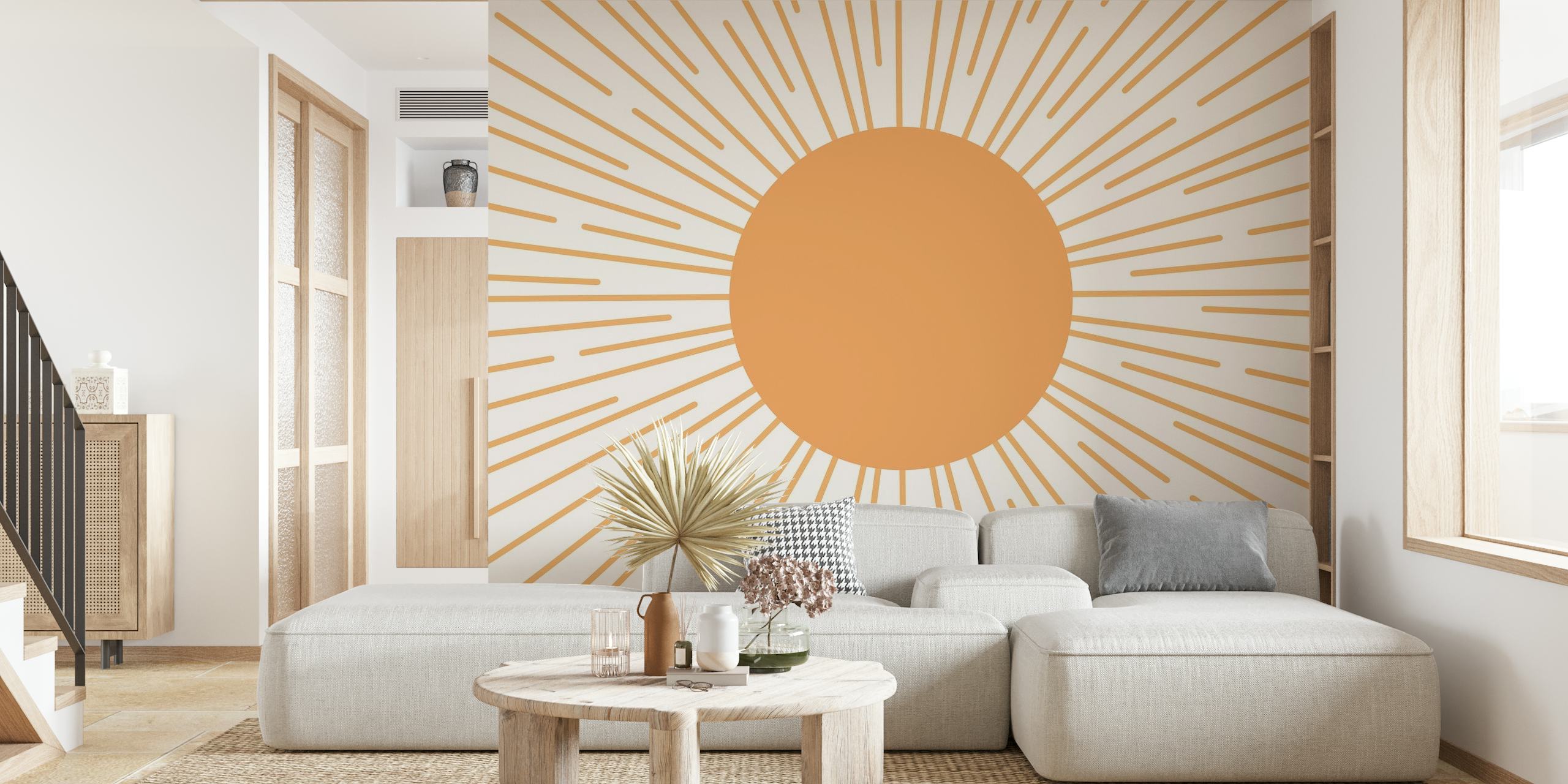 Zonnestraalpatroon muurschildering met warm beige centrum en stralende crèmekleurige lijnen op een lichte achtergrond