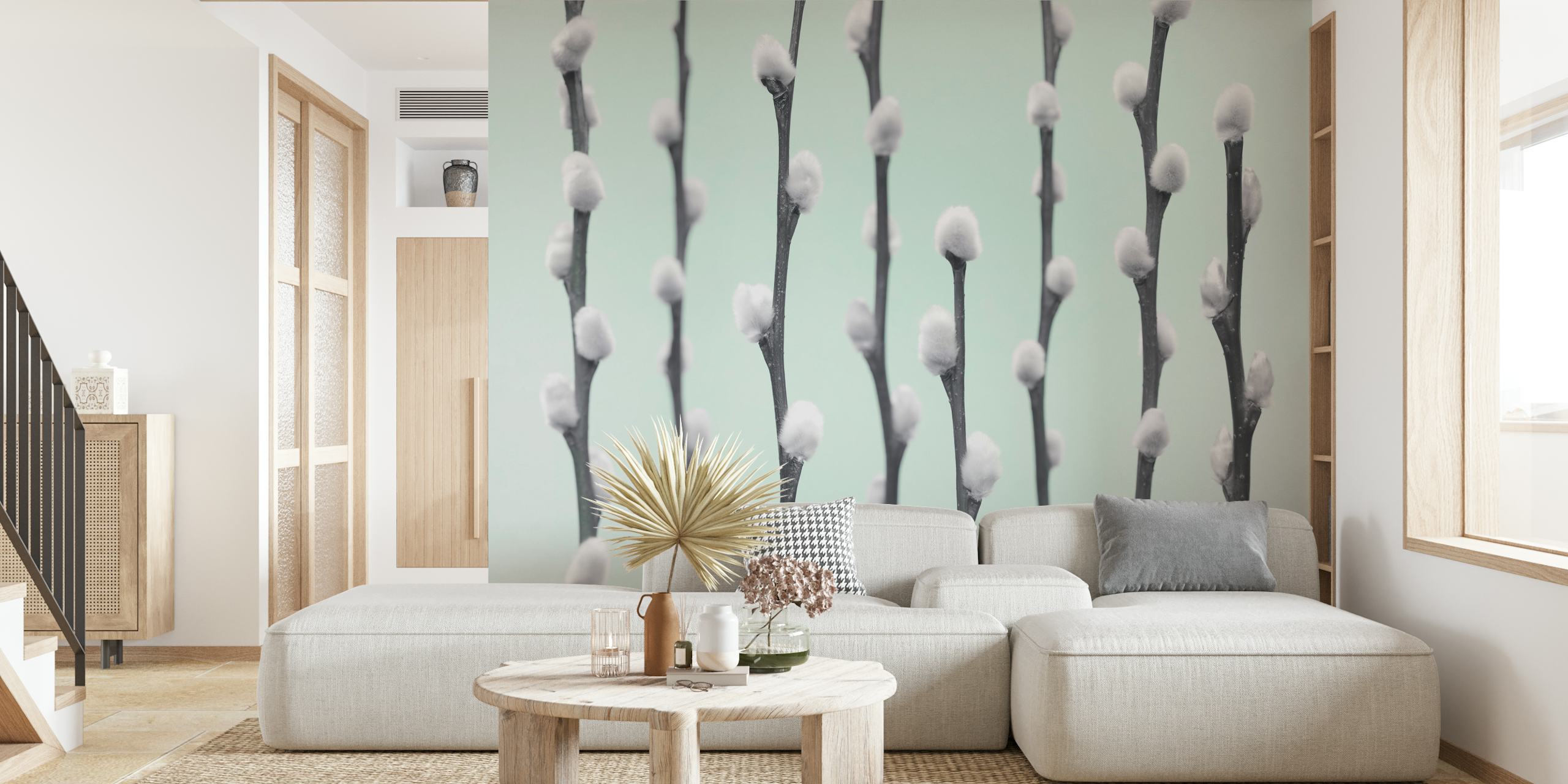 White pussy willow twigs with fluffy buds on light mint wallpaper
