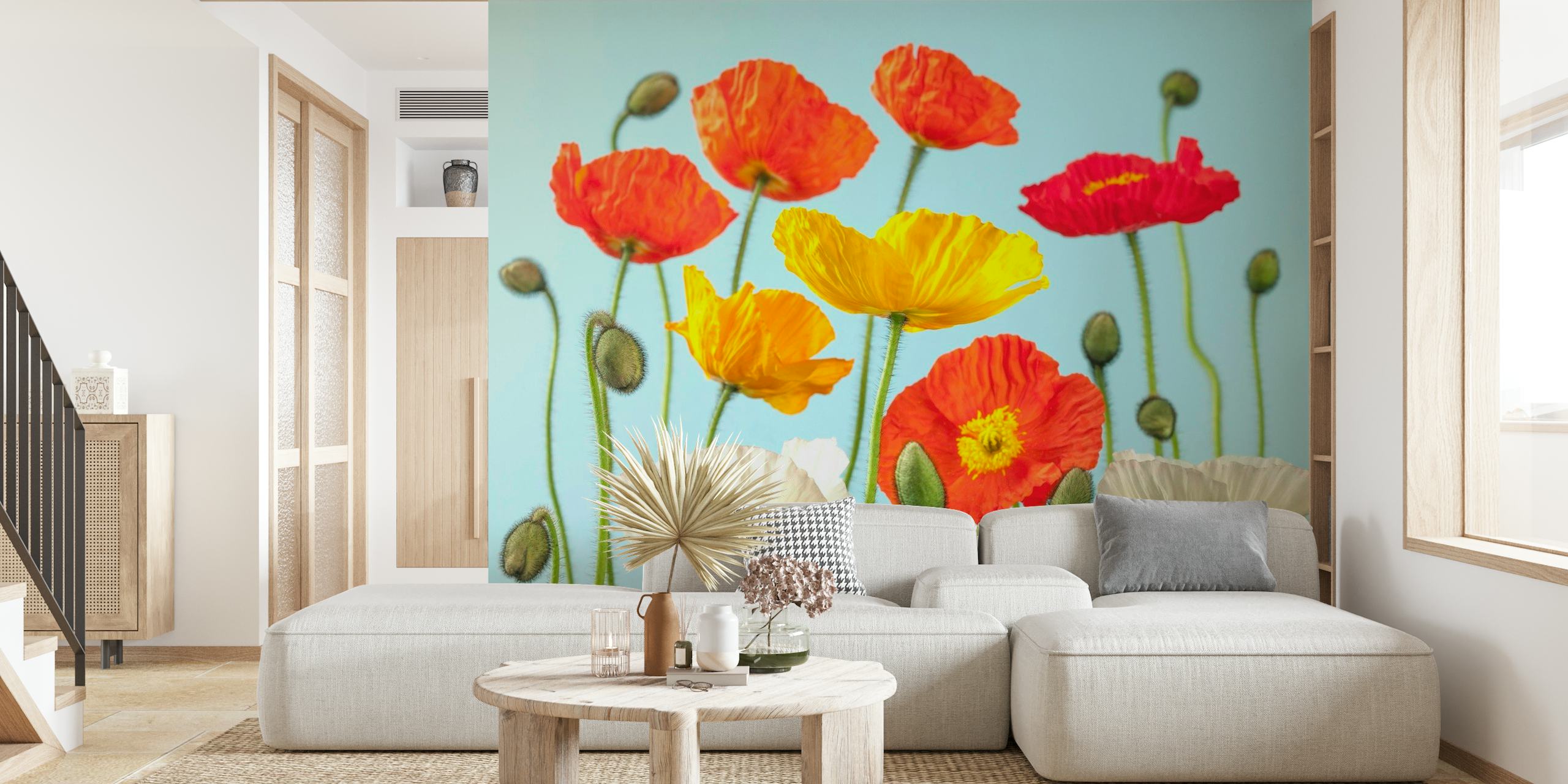 Multicoloured Poppies and buds 2 wallpaper