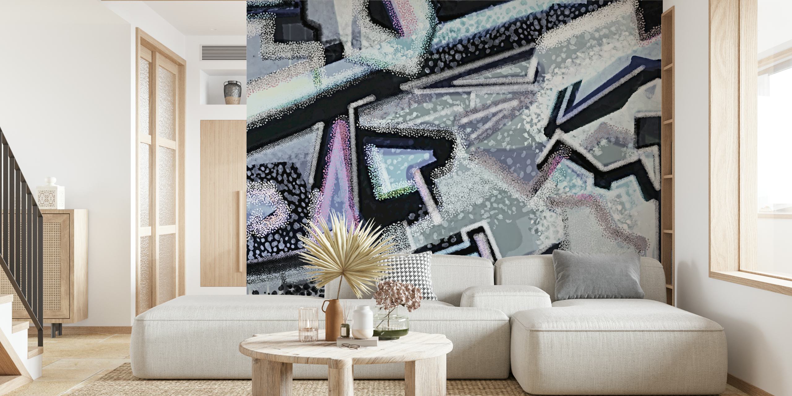 Urban geometric graffiti art wallpaper in a room
