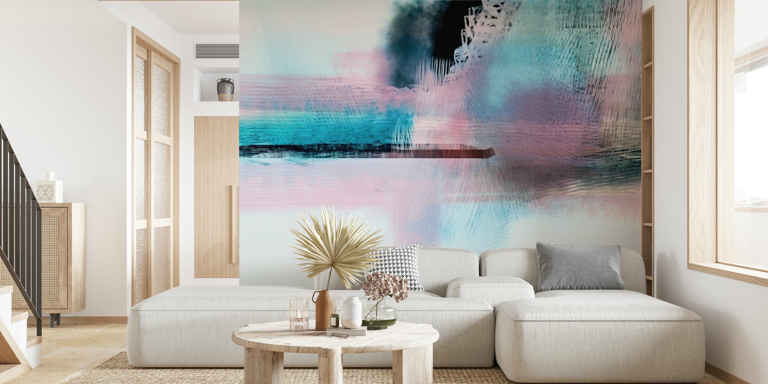 Abstract brush strokes in pink, blue, and white colors wallpaper