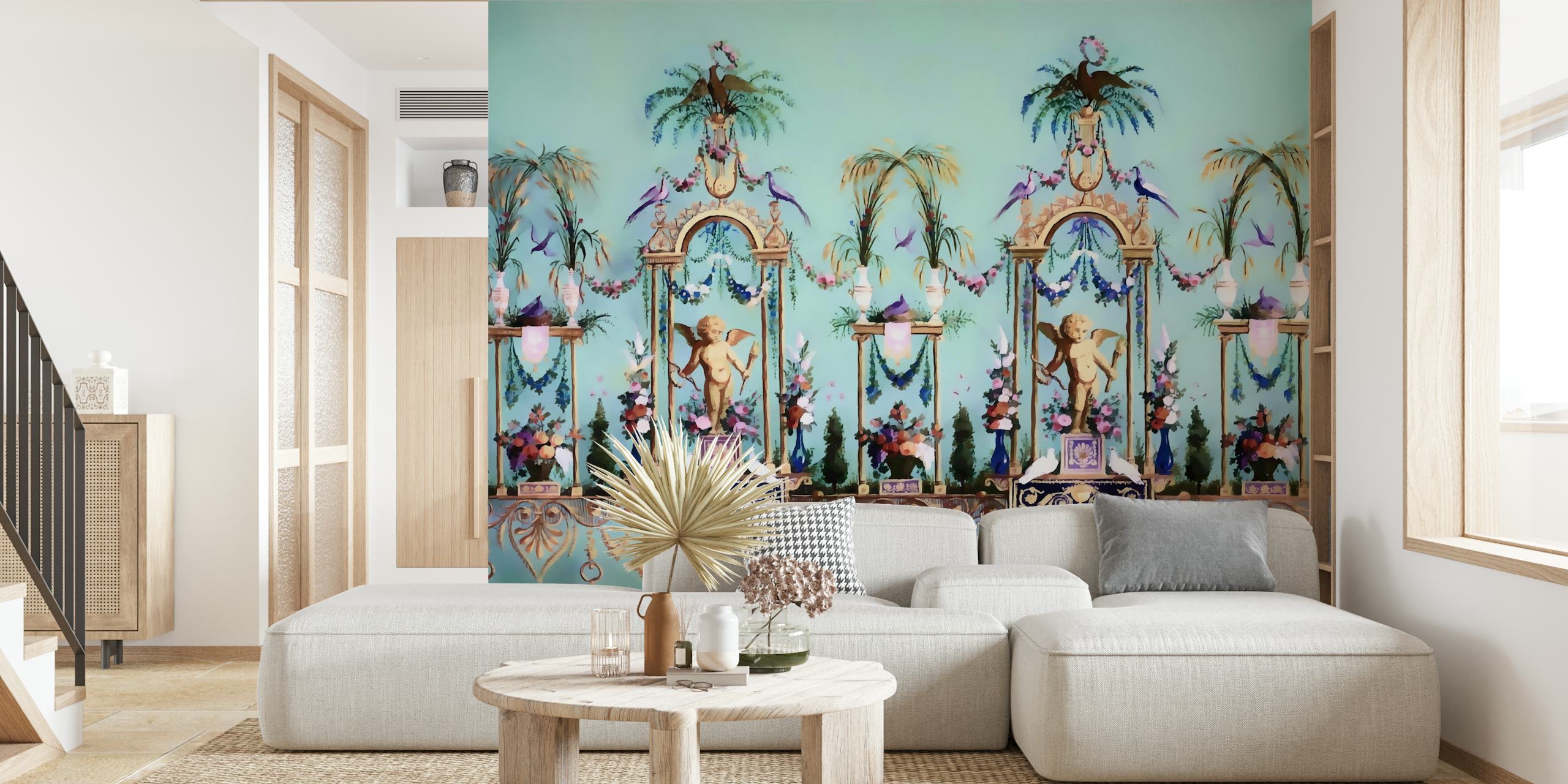 Renaissance floral wallpaper with blue background and statues