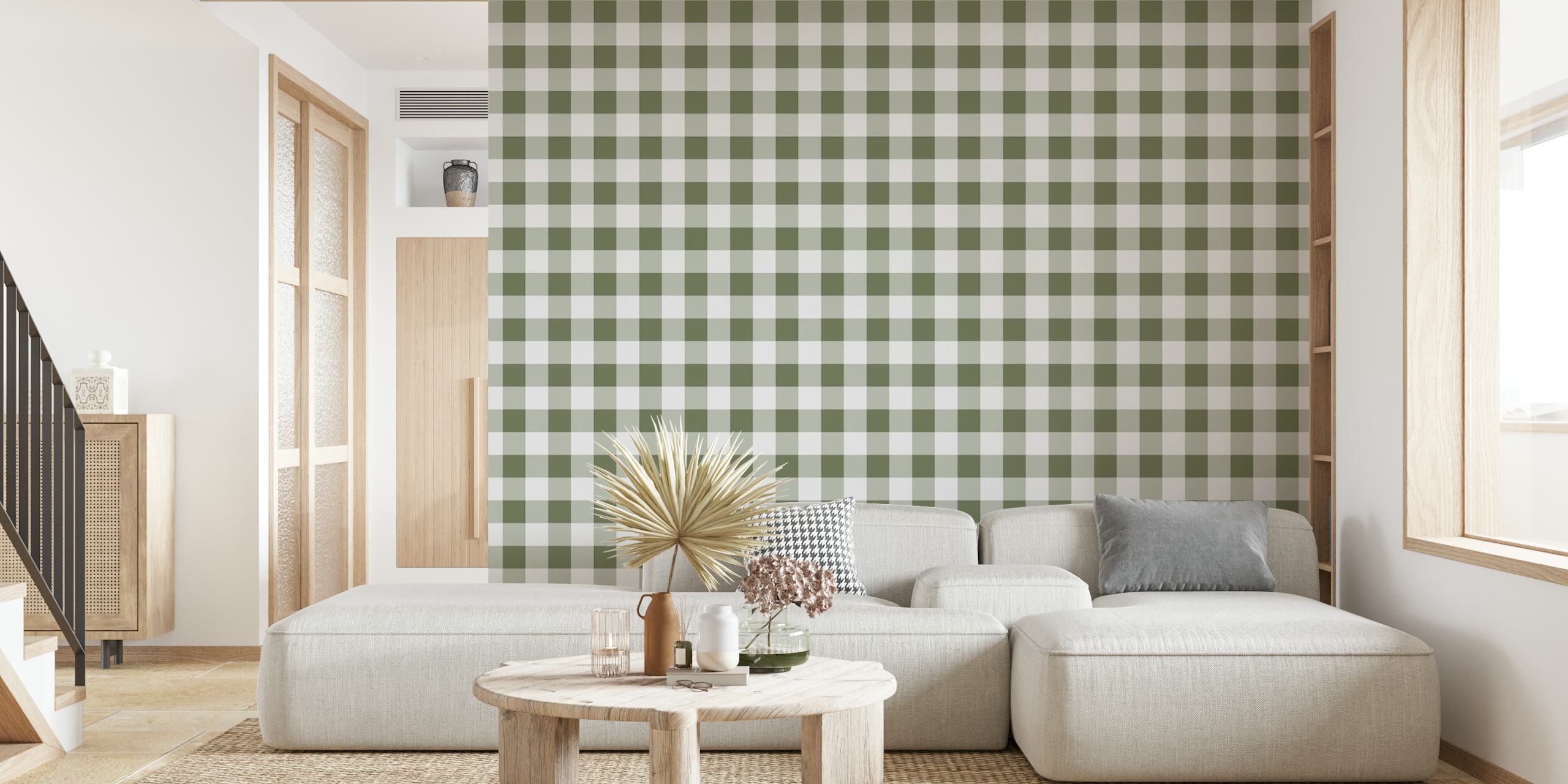 Green and white gingham check pattern wallpaper