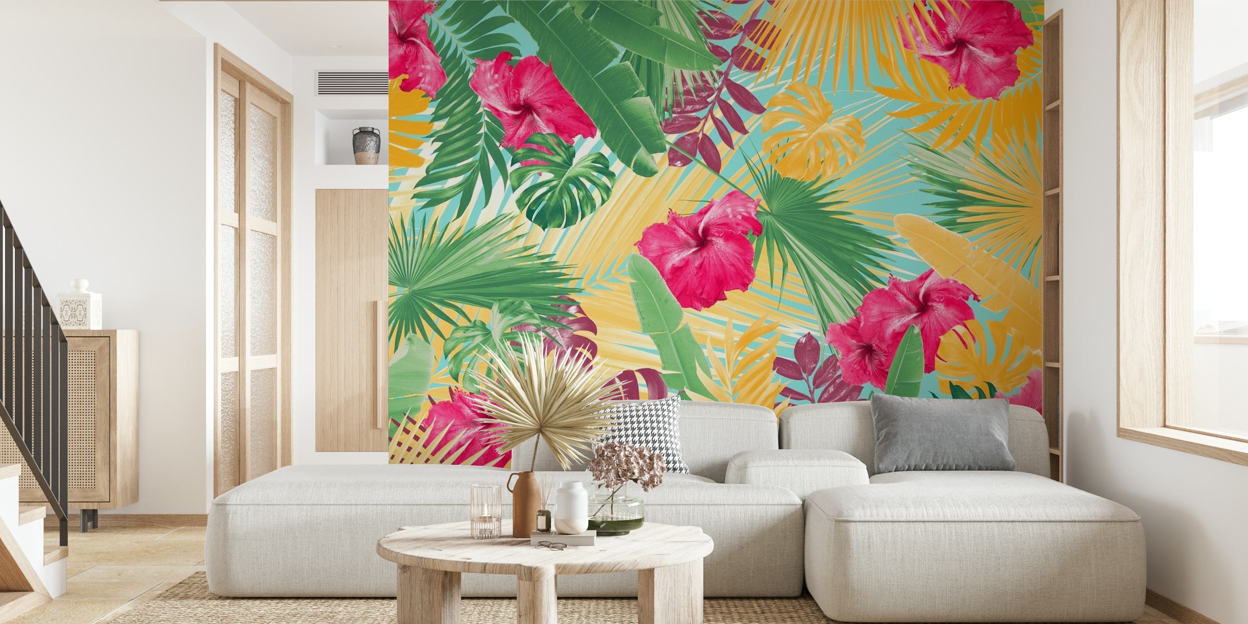 Värikkäitä hibiscuskukkia ja trooppisia lehtiä seinämaalaus
